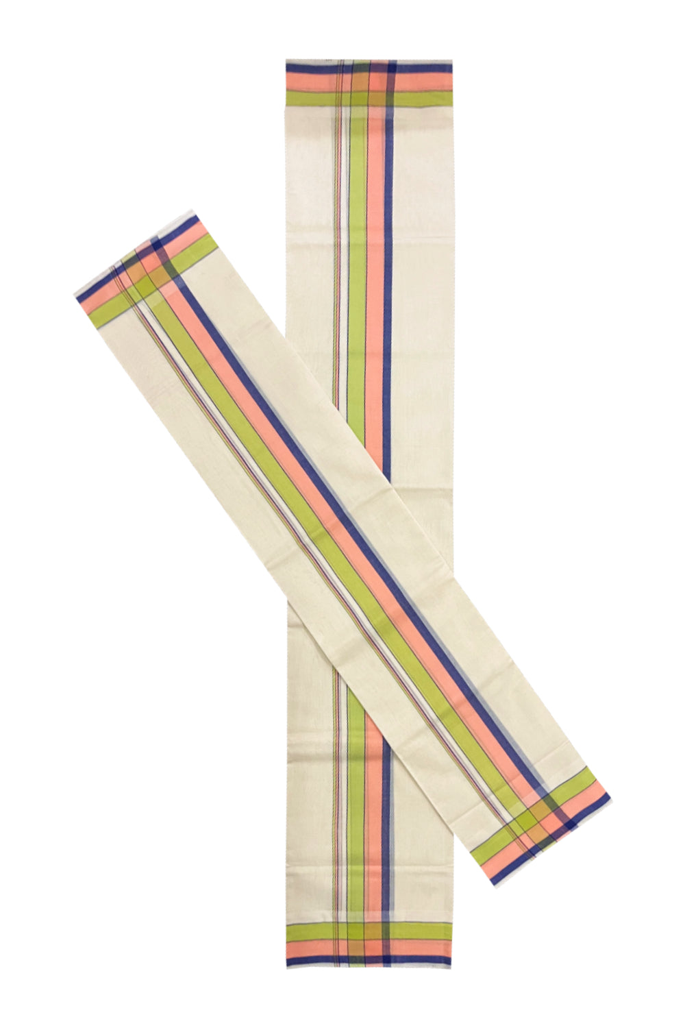 Southloom Premium Handloom Single Set Mundu (Mundum Neriyathum) with Green Peach and Blue Border