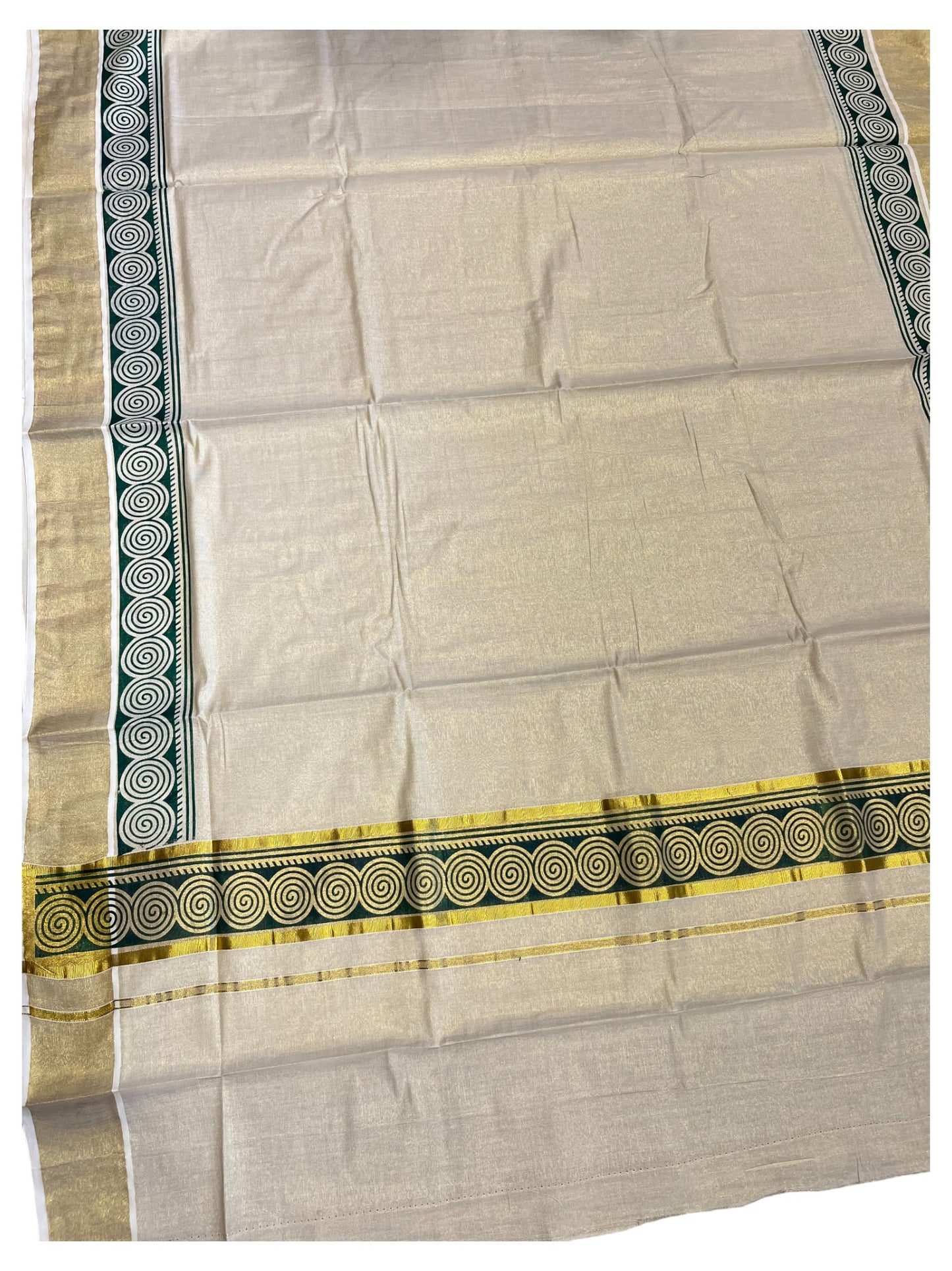 Southloom Kerala Tissue Kasavu Plain Saree Green Hand Printed