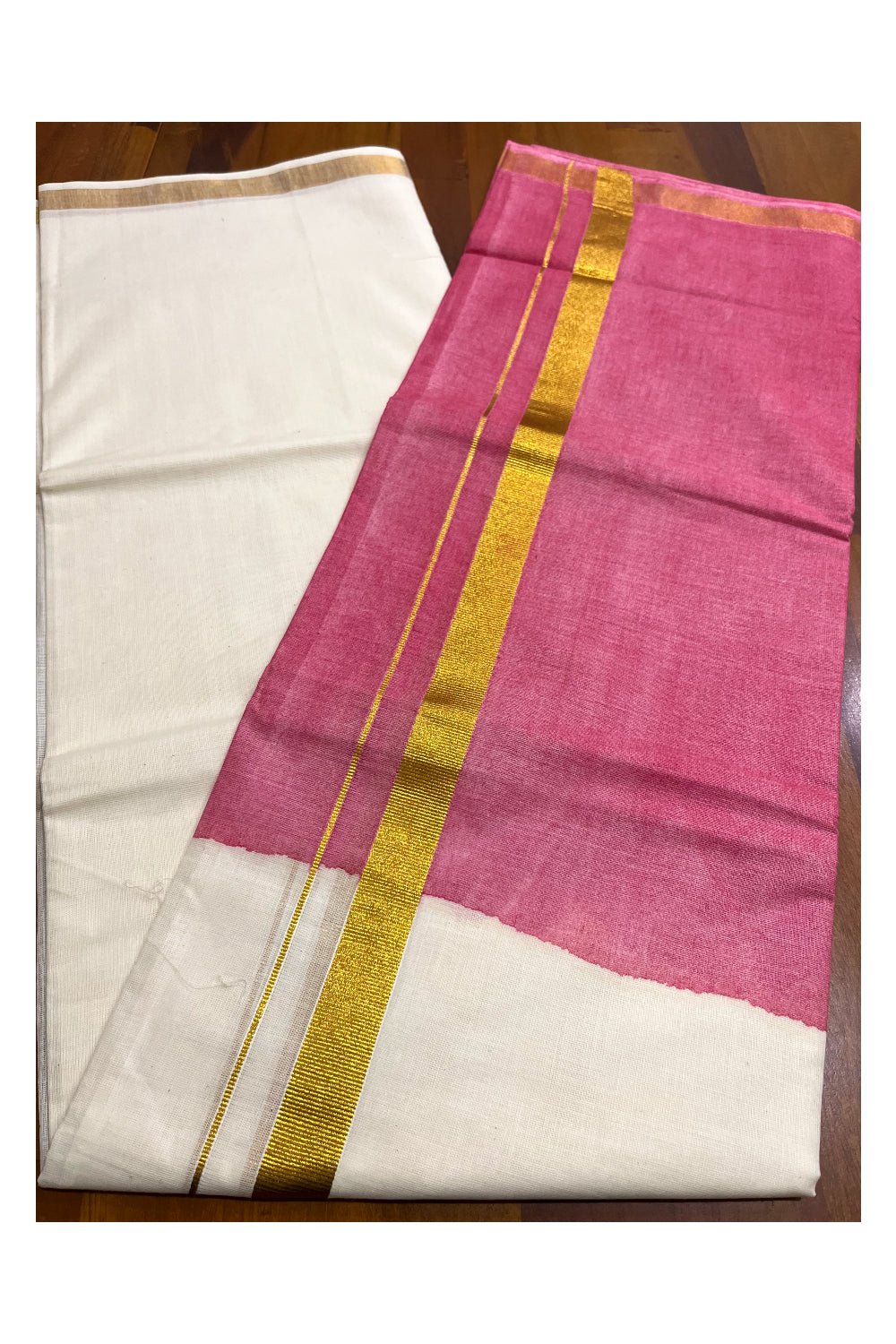 Southloom Tie & Dye - Half & Half  Multi Colour Dark Pink Design Cotton Kerala Double Mundu with Kasavu Border (South Indian Kerala Dhoti)