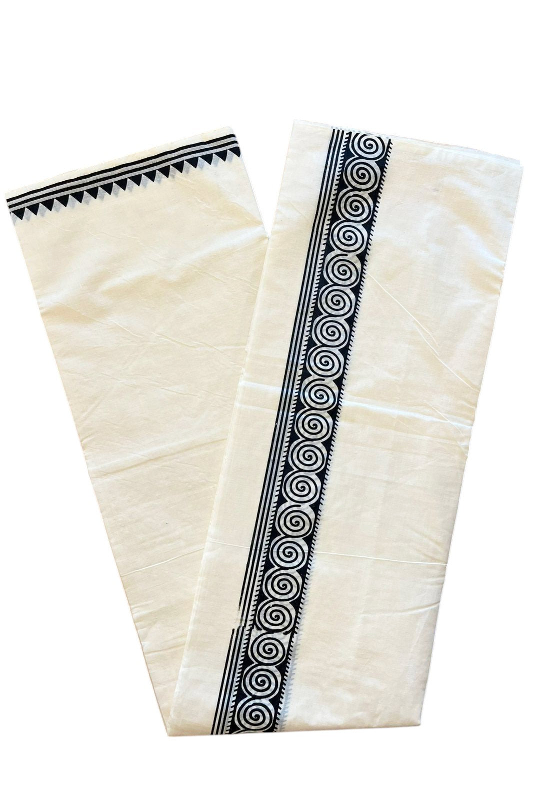 Pure Cotton Off White Double Mundu with Black Block Prints On Border (South Indian Kerala Dhoti)