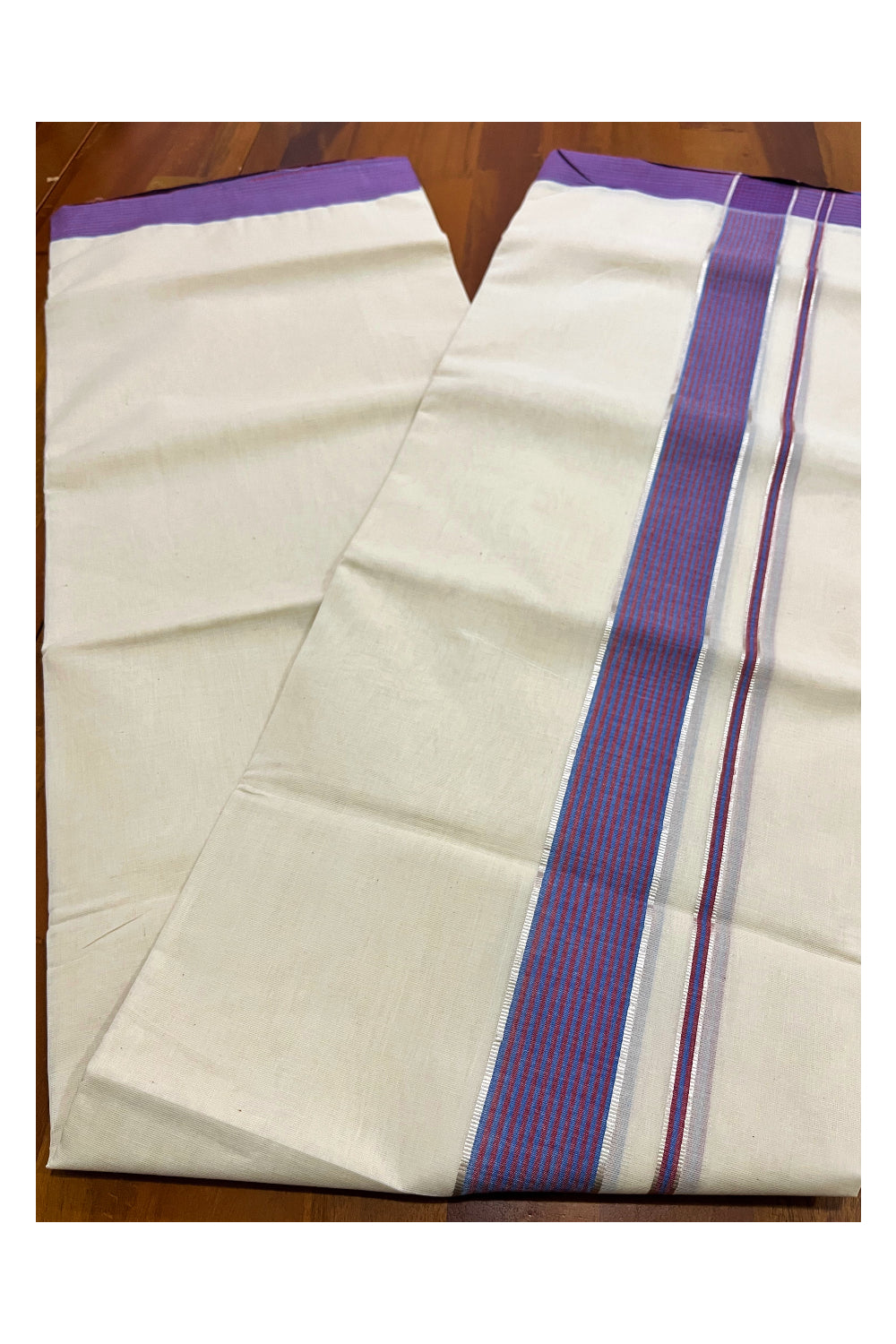 Pure Cotton 100x100 Double Mundu with Silver Kasavu and Red Blue Line Border (South Indian Kerala Dhoti)