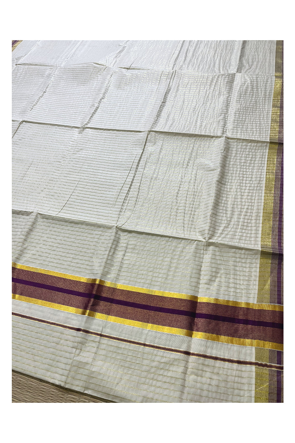 Pure Cotton Kerala Kasavu Lines Design Saree with Purple Border