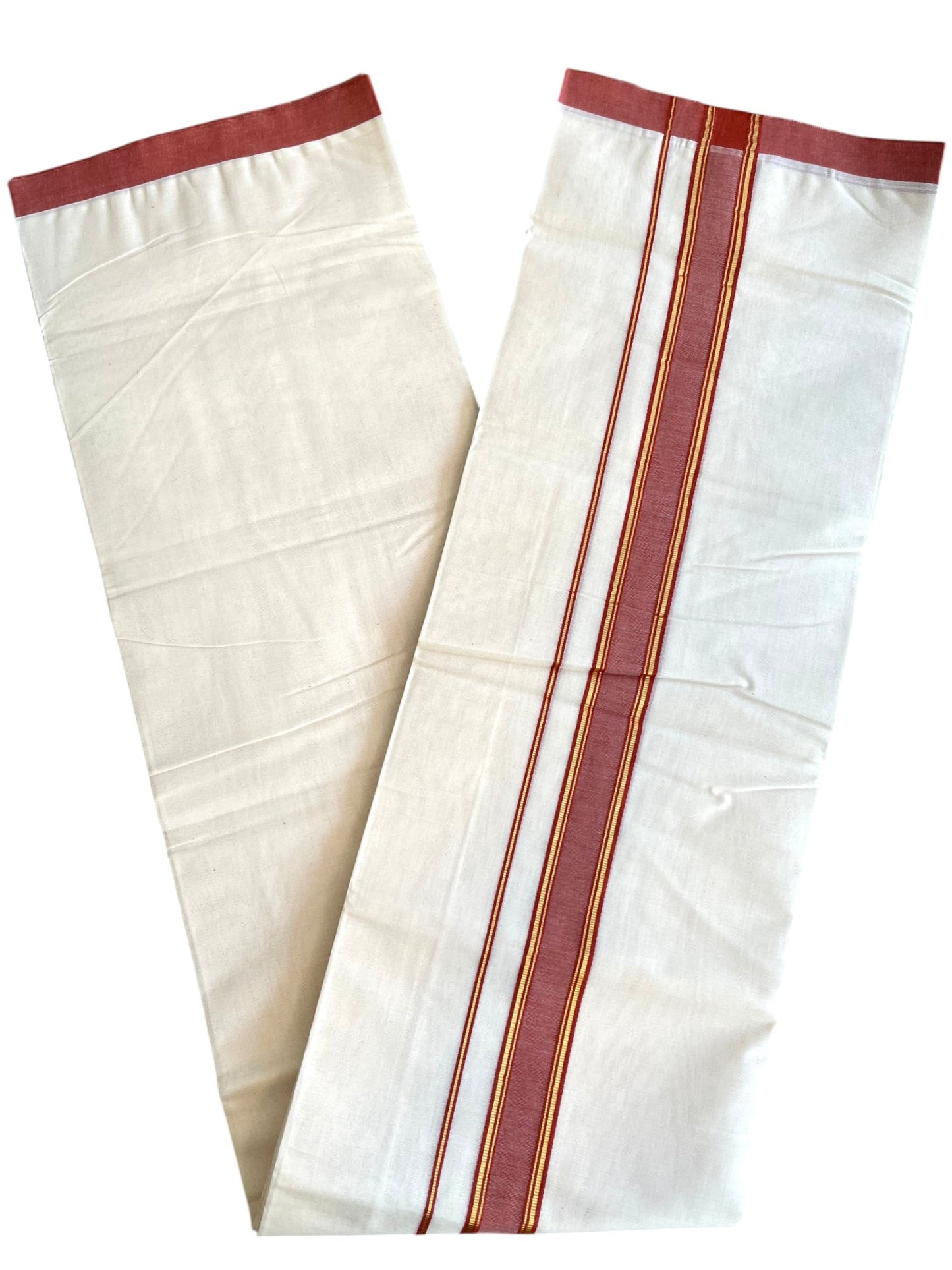 Southloom Pure Cotton Mundu with Golden Lines and Red Border (South Indian Kerala Dhoti)