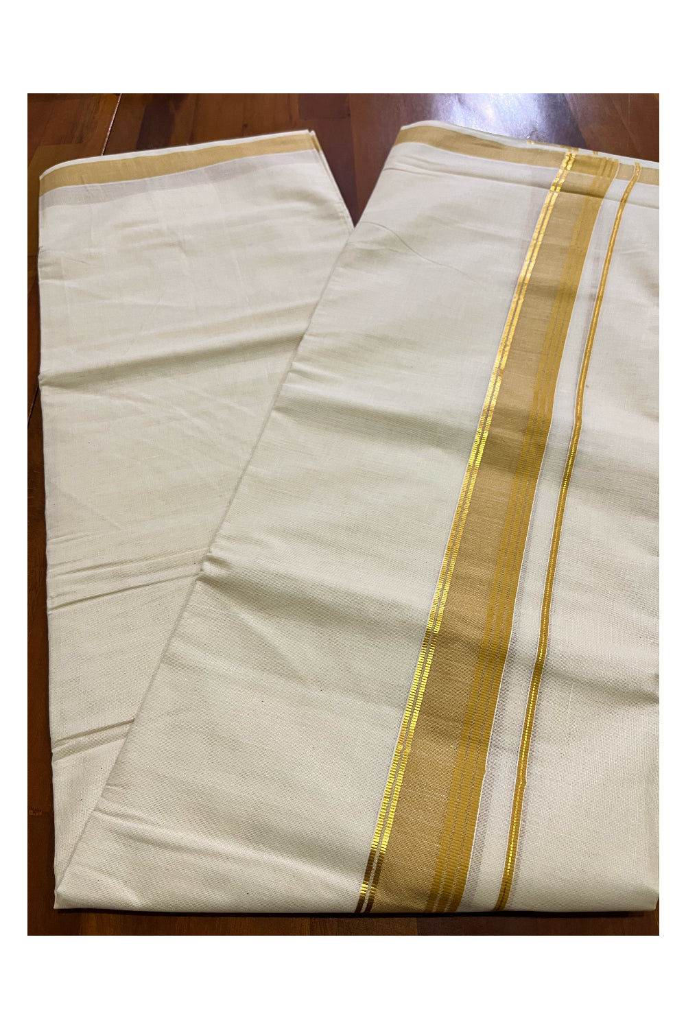 Off White Kerala Cotton Double Mundu with Kasavu and Light Orange Border (South Indian Kerala Dhoti)