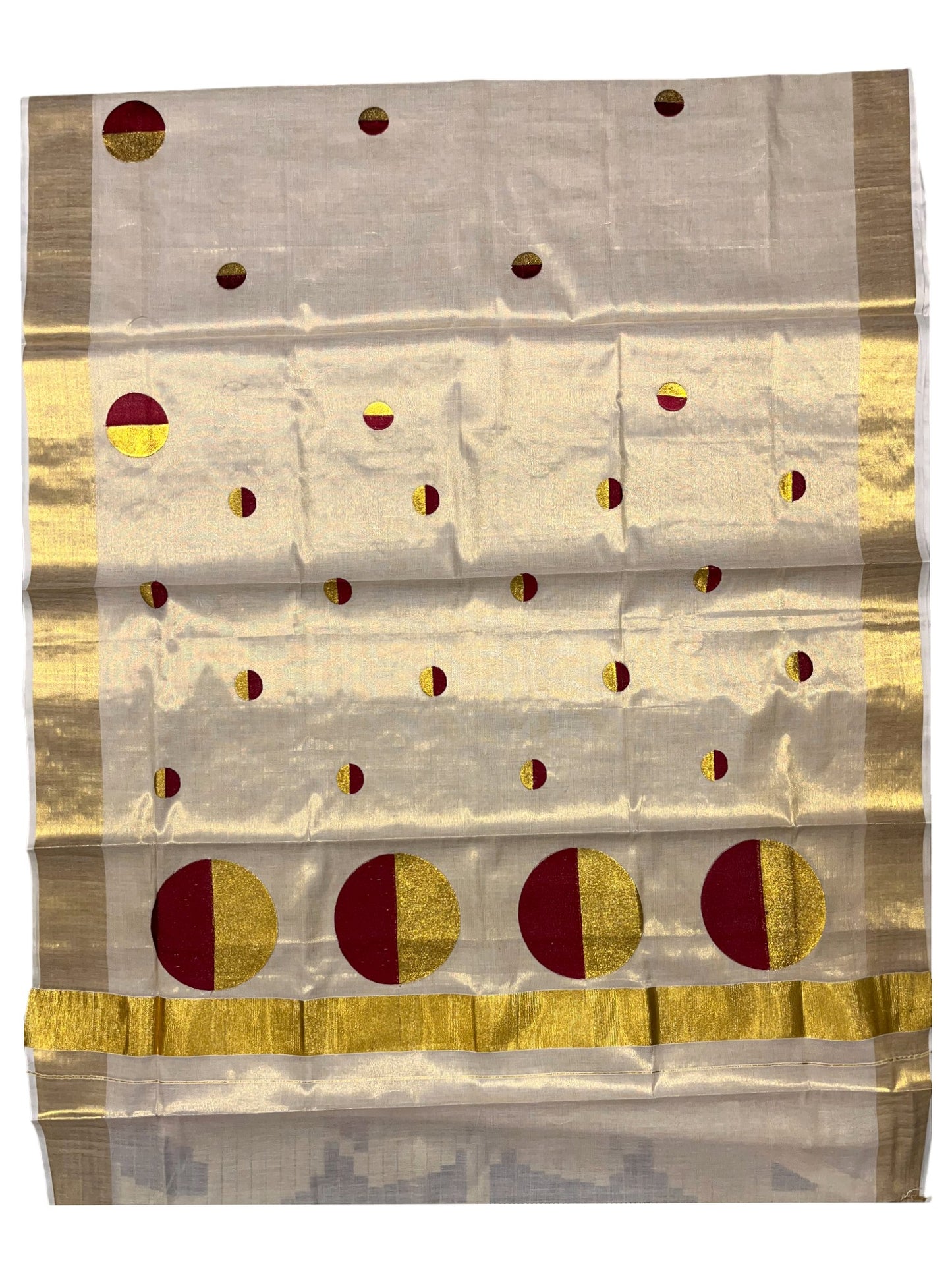 Southloom Kerala Tissue Kasavu Saree With Maroon Polka Dots Embroidery on Body