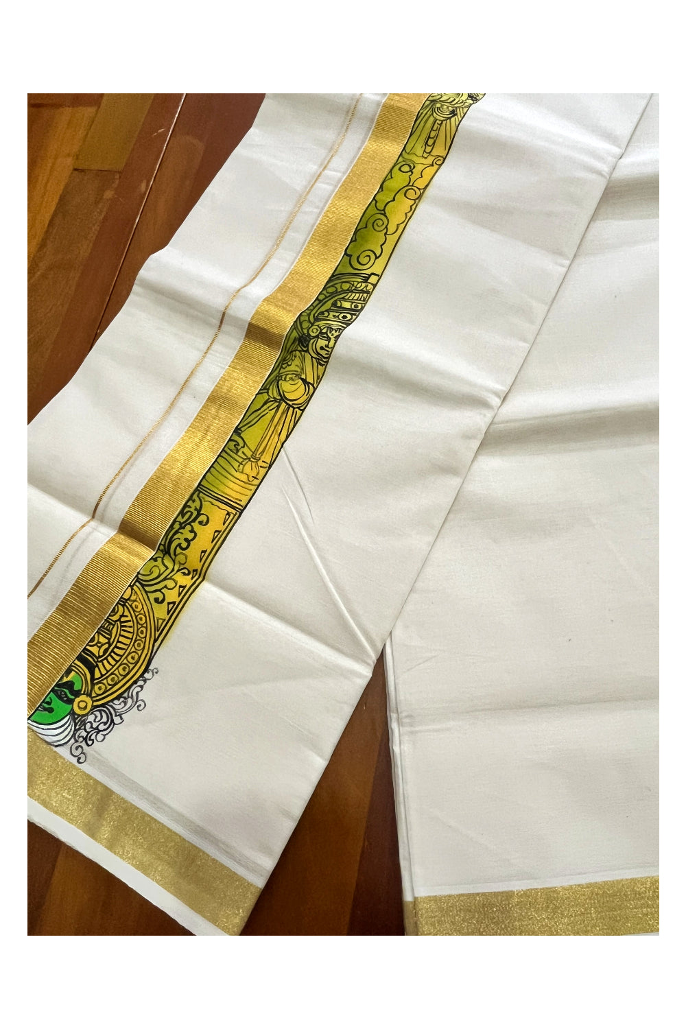 Pure Cotton Kerala Double Mundu with Kathakali Hand Painted Designs on Kasavu Border (Vishu Collection 2024)