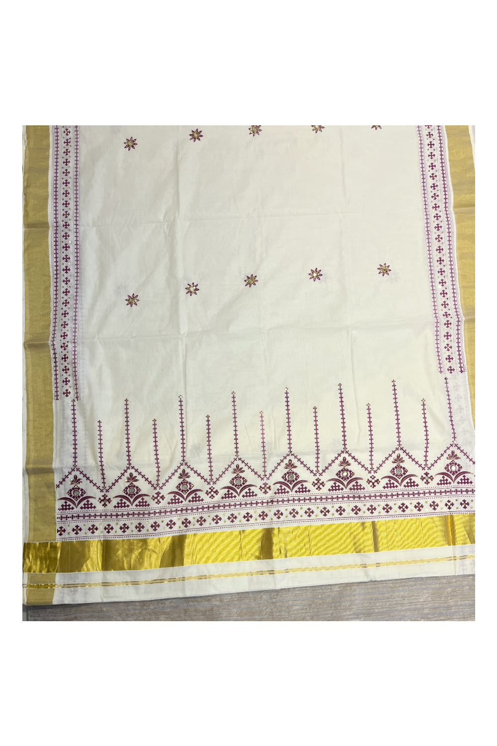 Southloom Purple Block Print Kasavu Saree with Sequins Work on Prints