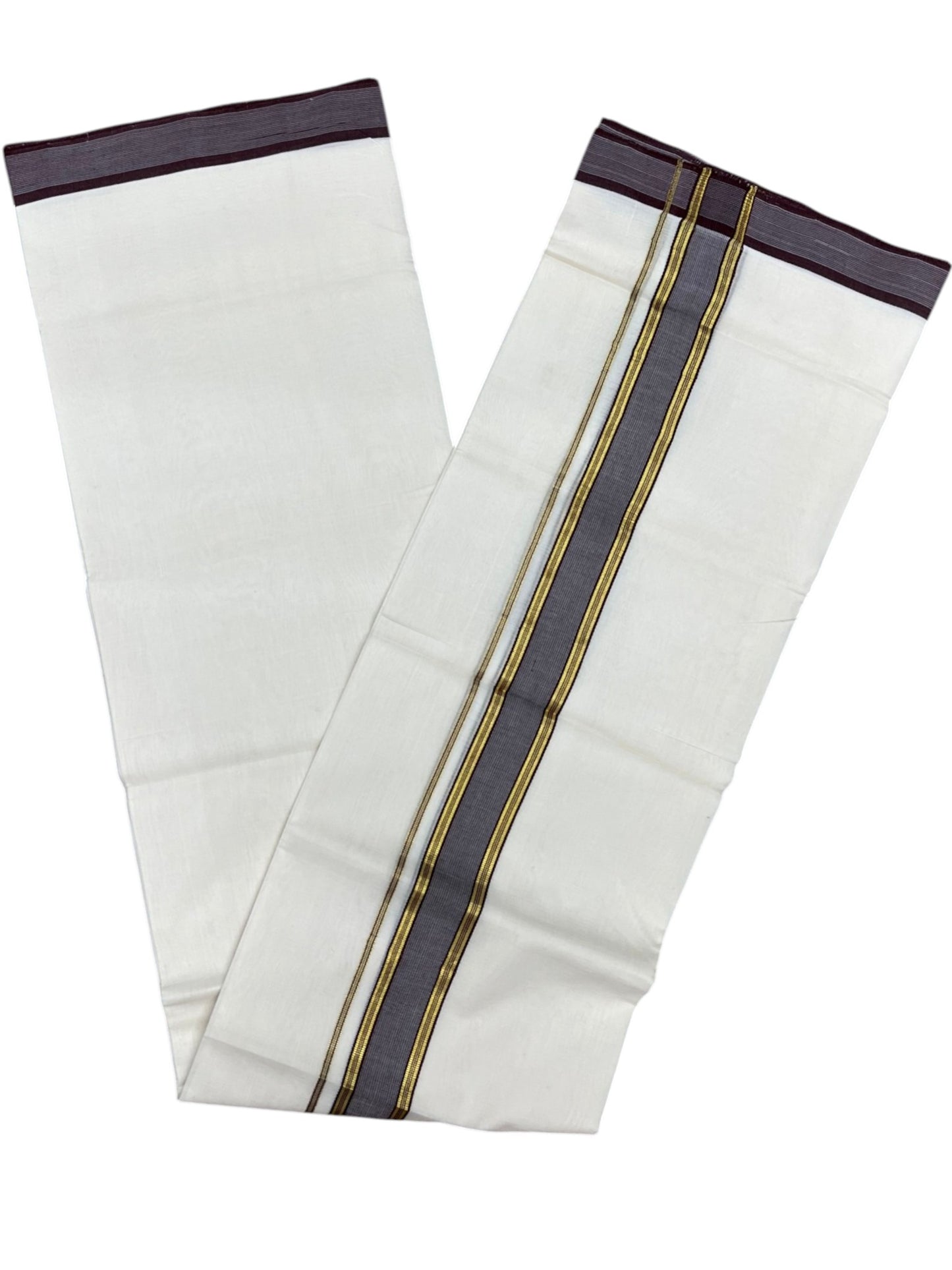 Southloom Balaramapuram Unakkupaavu Premium Handloom Cotton Double Mundu with Gold Kasavu and Brown Border