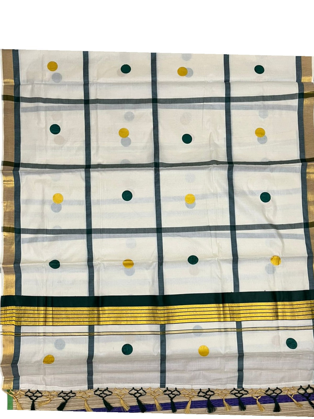 Southloom Kerala Cotton Kasavu Saree with Green & Gold Polka Works on Body