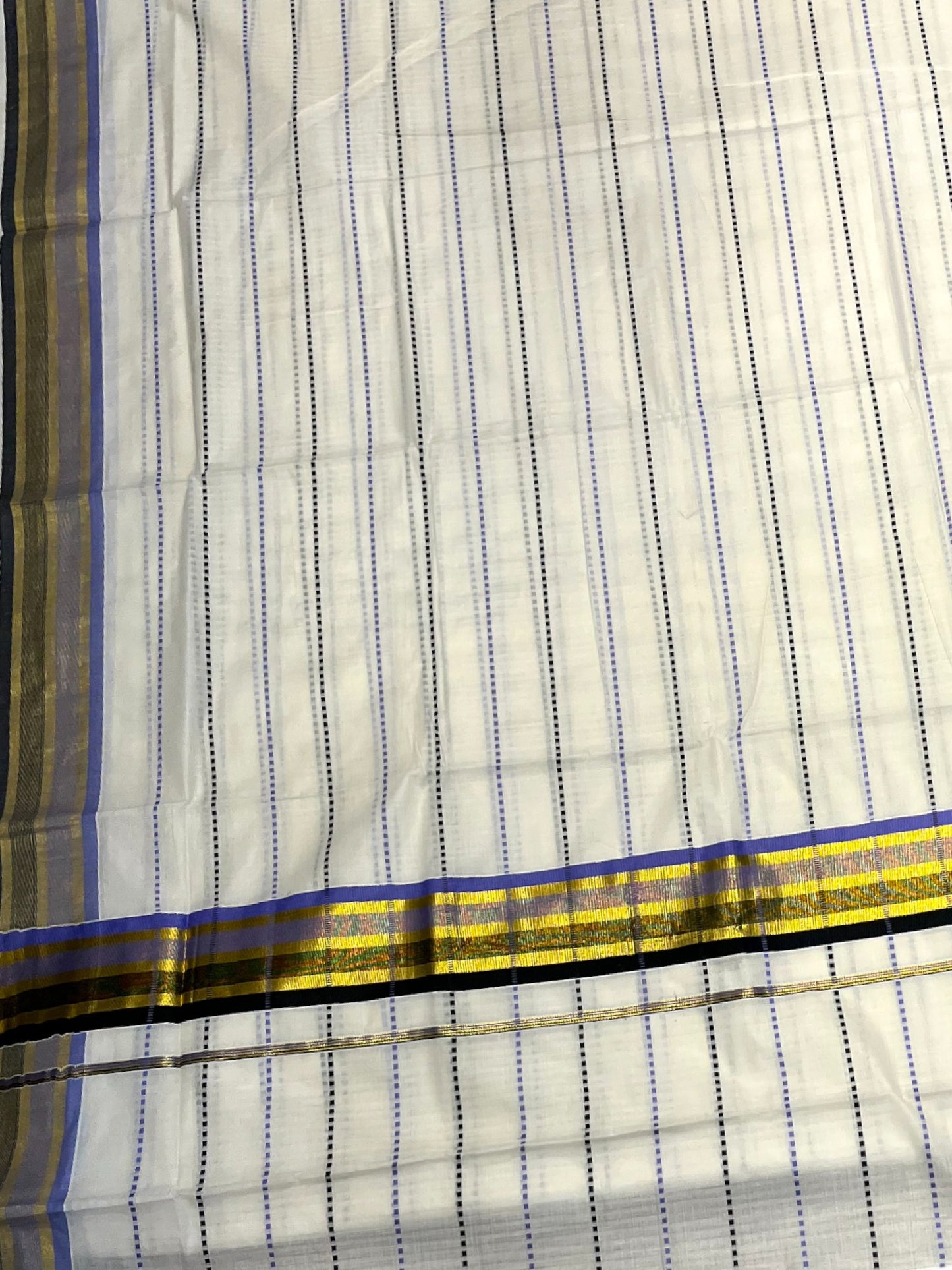 Southloom Cotton Kasavu Saree with Lavendar and Black Thread Work Across Body