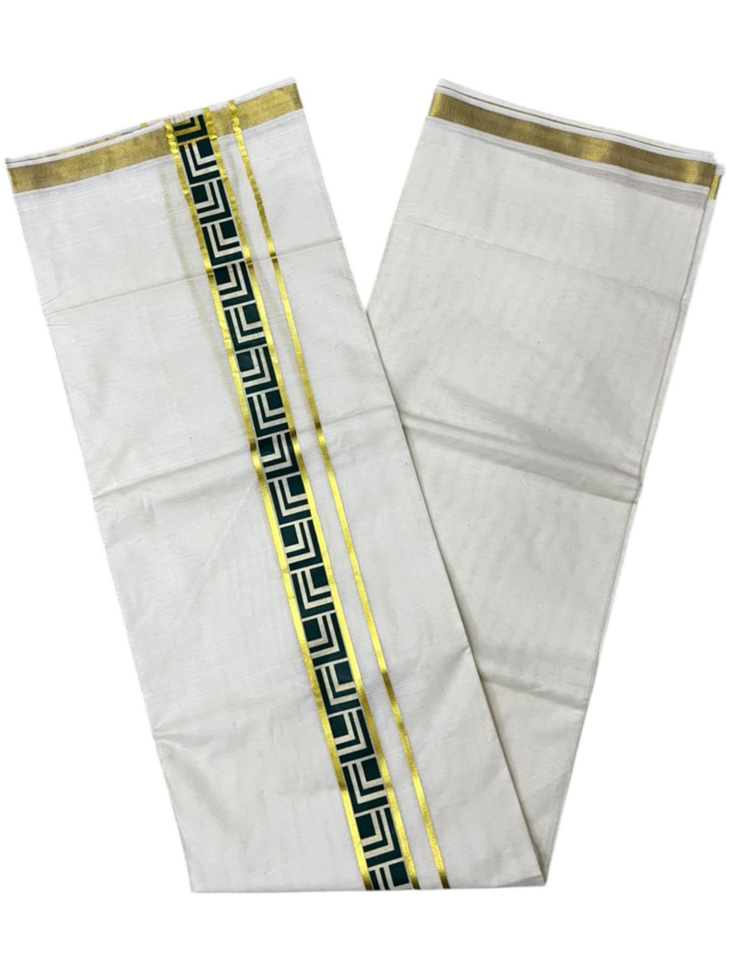 Southloom Pure Cotton Double Mundu with Green Block Printed And Ksavu Border (South Indian Kerala Dhoti)