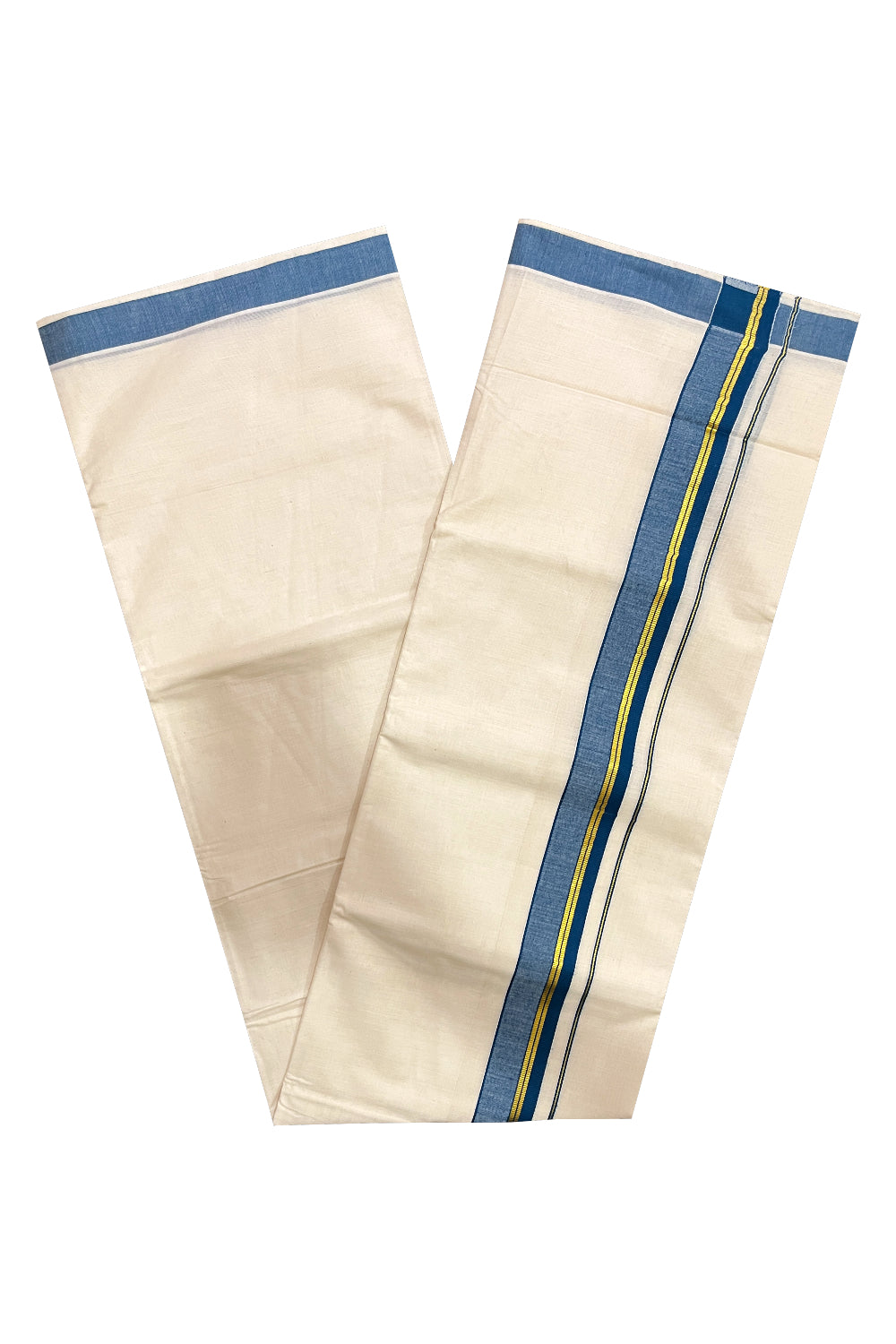 Pure Cotton Kerala Double Mundu with Kasavu and Blue Kara (South Indian Kerala Dhoti)