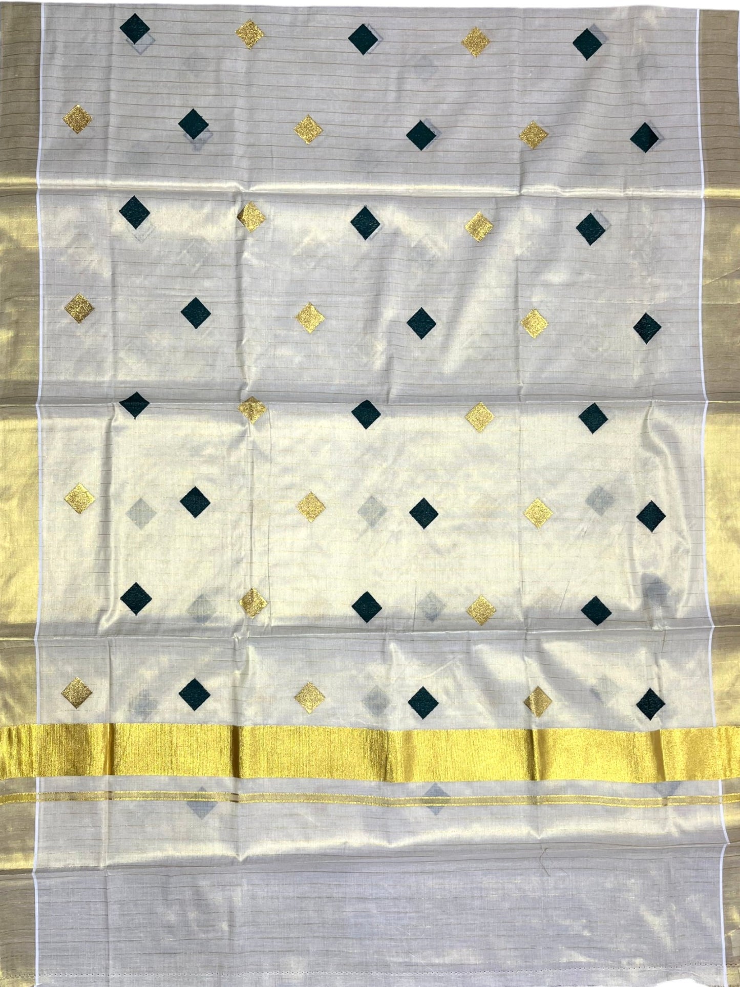 Southloom Kerala Tissue Kasavu Striped Saree with  Diagonal Woven Designs in Green and Gold Body Work