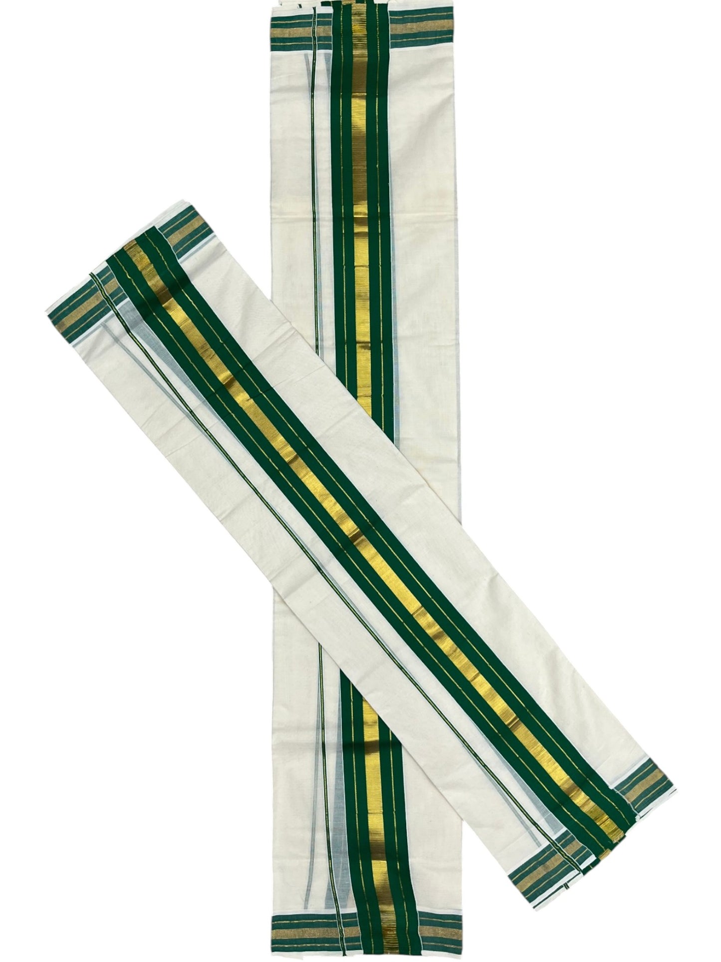Southloom Kerala Cotton Kasavu Single Set Mundu (Mundum Neriyathum) with Green Kasavu Border SLKK