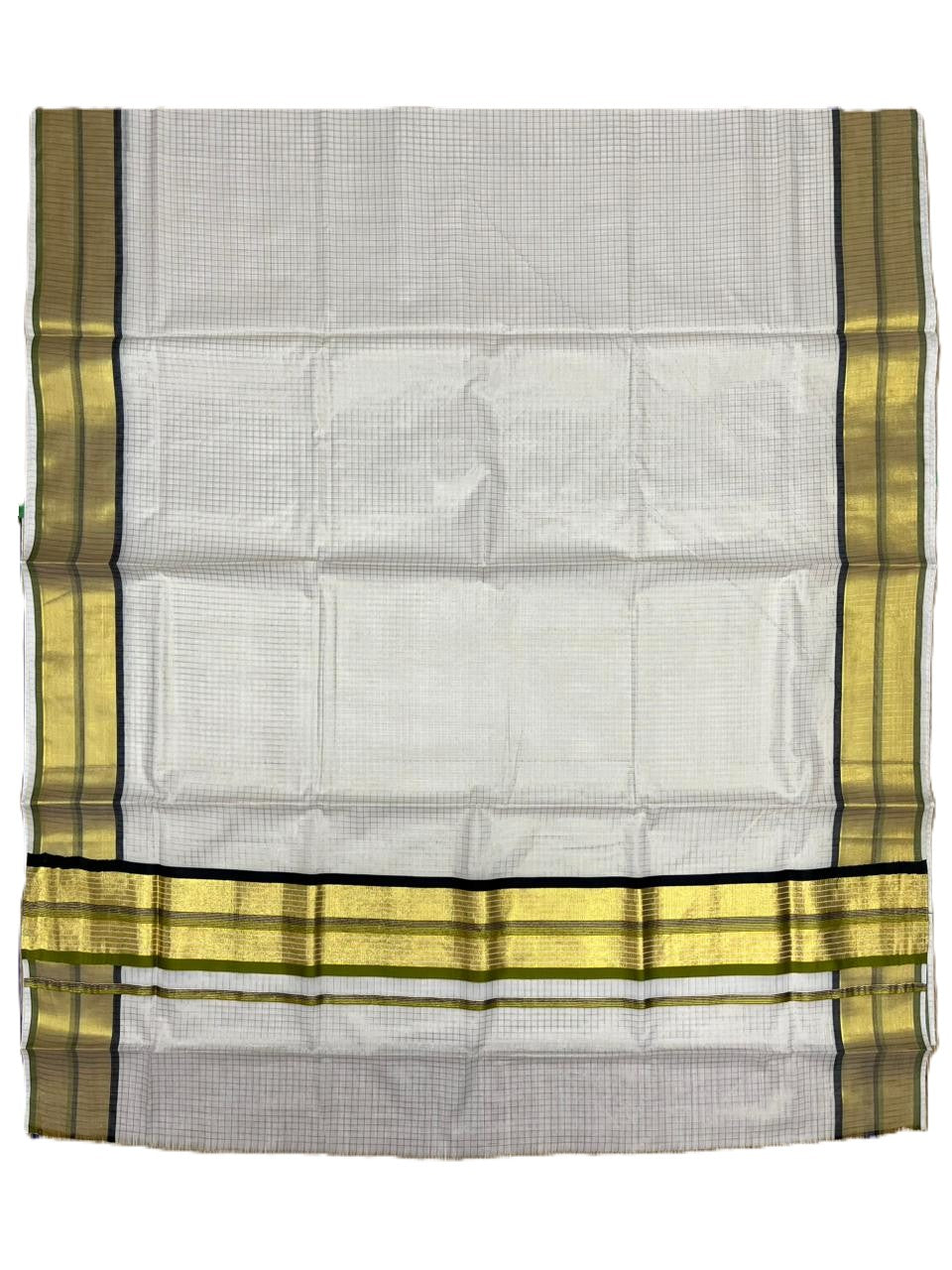 Southloom Kerala Cotton Kasavu Saree with Micro Check Design on Body in Black & Olive Green Border SL453