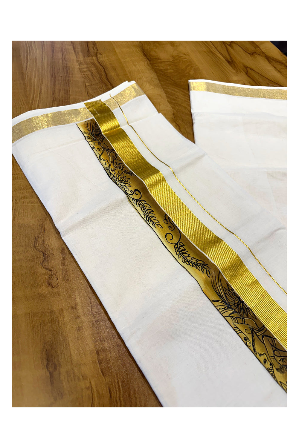 Kerala Pure Cotton Double Mundu with Mural Painted Design on Kasavu Border (South Indian Kerala Dhoti)