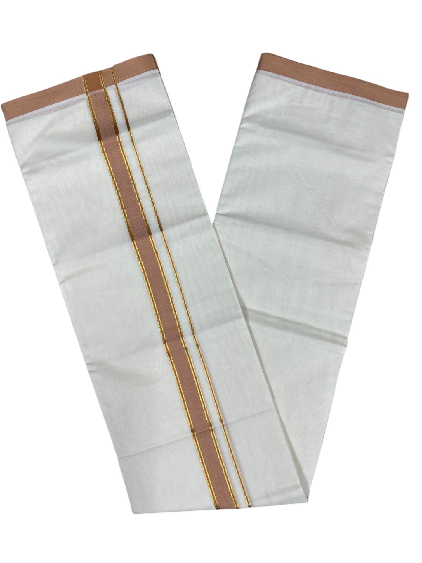Southloom Pure Cotton Mundu with Gold Lines and light Brown Border (South Indian Kerala Dhoti)