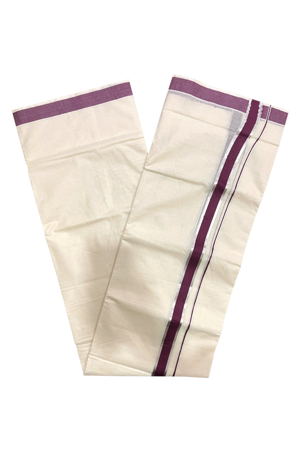 Pure Cotton Double Mundu with Silver Kasavu and Purple Kara (South Indian Kerala Dhoti)