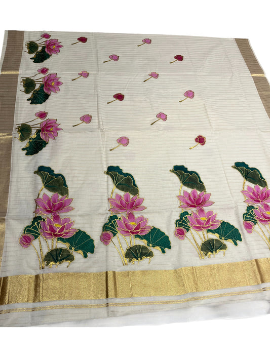 Southloom Cotton Kerala Kasavu Saree with Hand Painted Embroidery Lotus Design