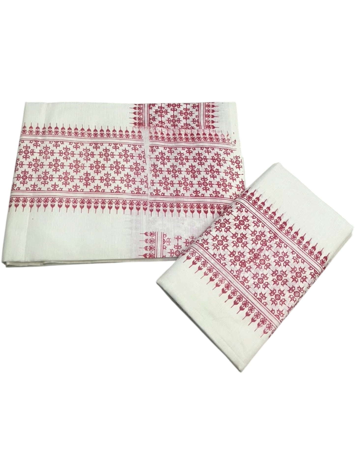 Southloom Kerala Cotton Set Mundu (Mundum Neriyathum) with Red Floral Prints on Border-2.80Mtrs SL625
