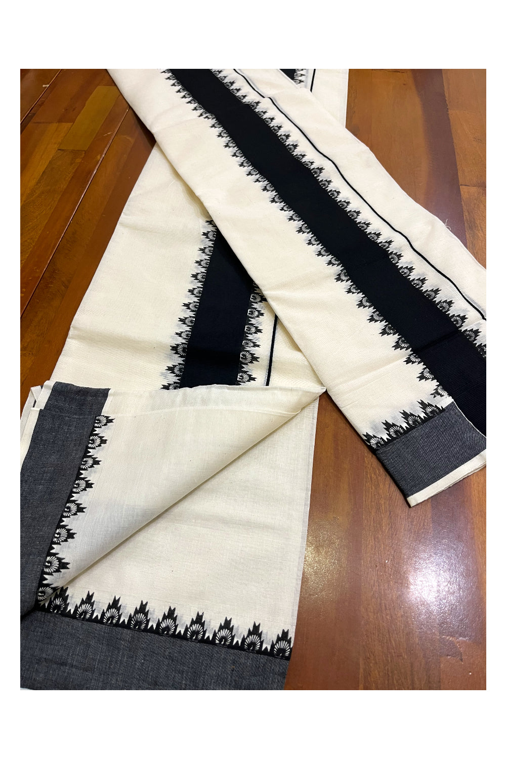 Kerala Cotton Single Set Mundu (Mundum Neriyathum) with Black Temple Block Printed Border