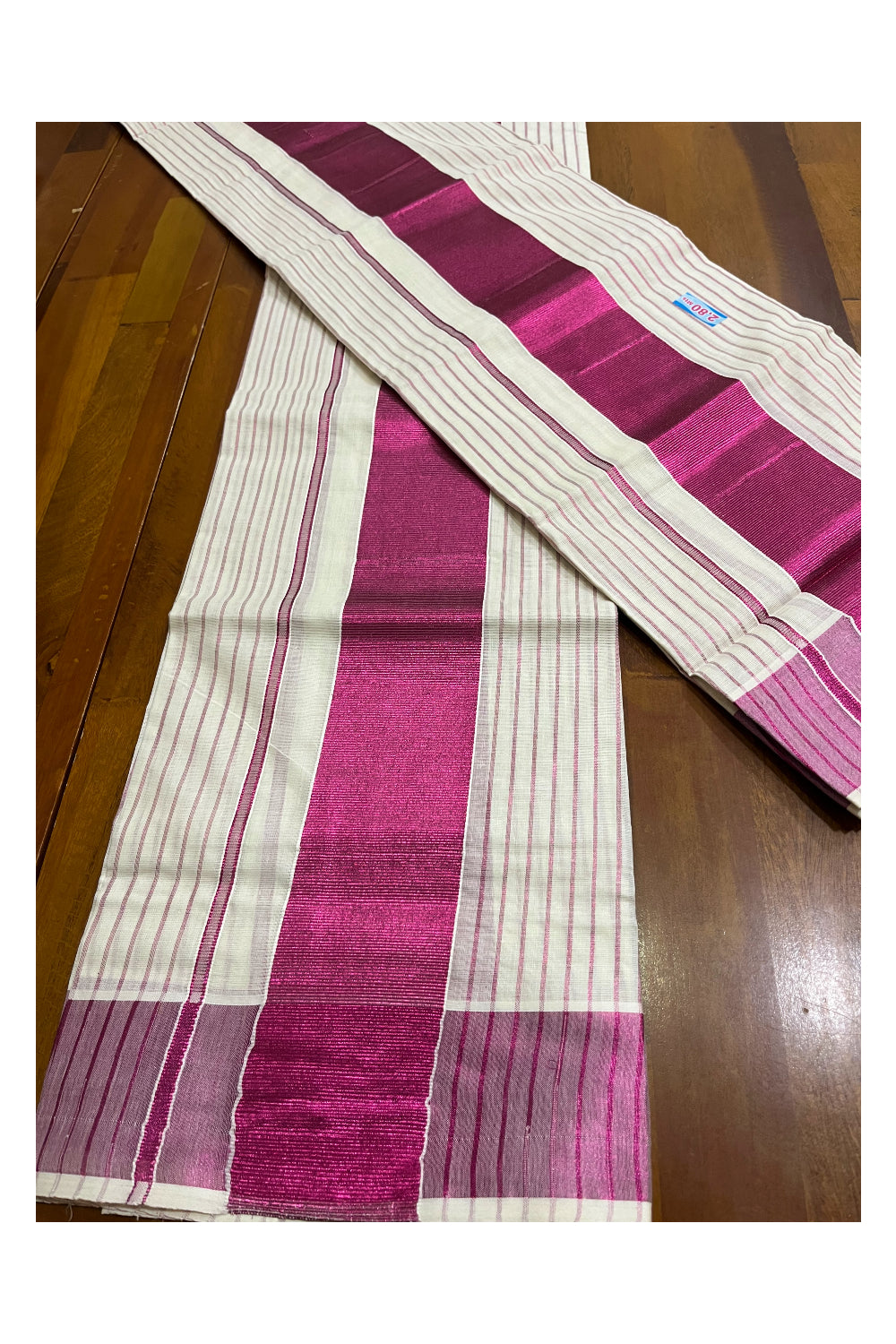 Kerala Cotton Set Mundu (Mundum Neriyathum) with Dark Pink Kasavu Lines Across Body 2.80 Mtrs