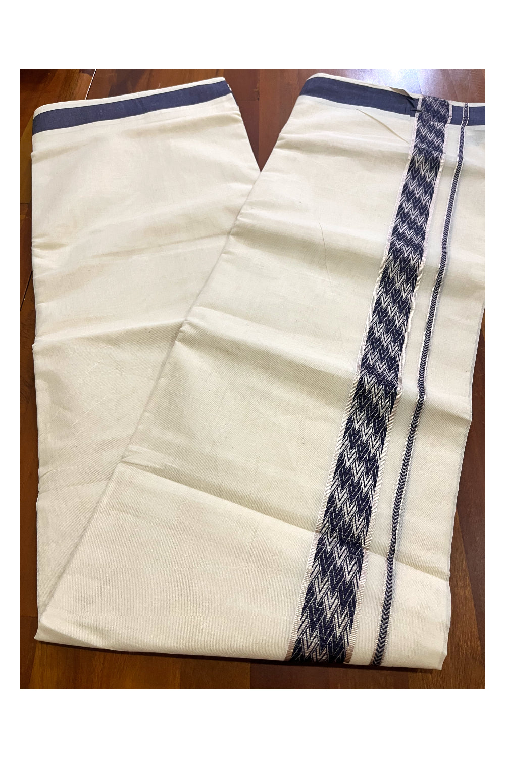 Kerala Pure Cotton Double Mundu with Silver Kasavu and Navy Blue Woven Border (Vishu 2024 Collection)