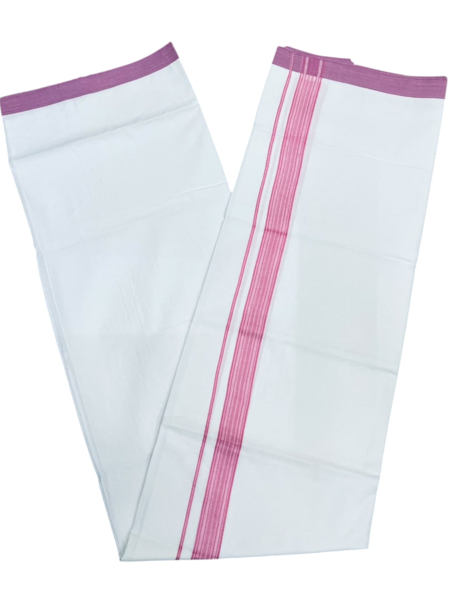Southloom Pure White Single Cotton Mundu with Pink Border (South Indian Kerala Dhoti)