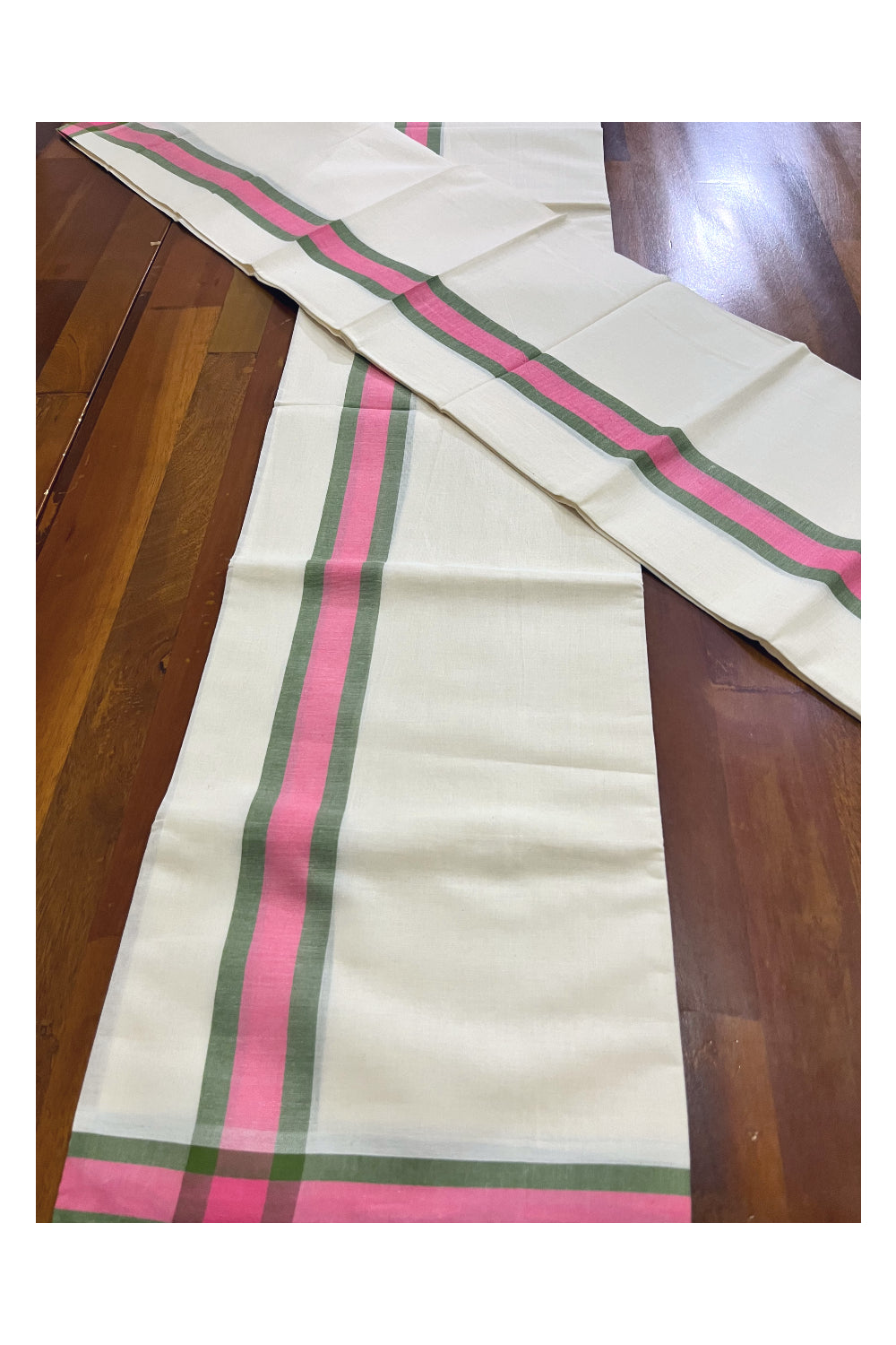 Kerala Mulloth Cotton Single Mundum Neriyathum with Pink Green Border (Extra Soft Cotton)