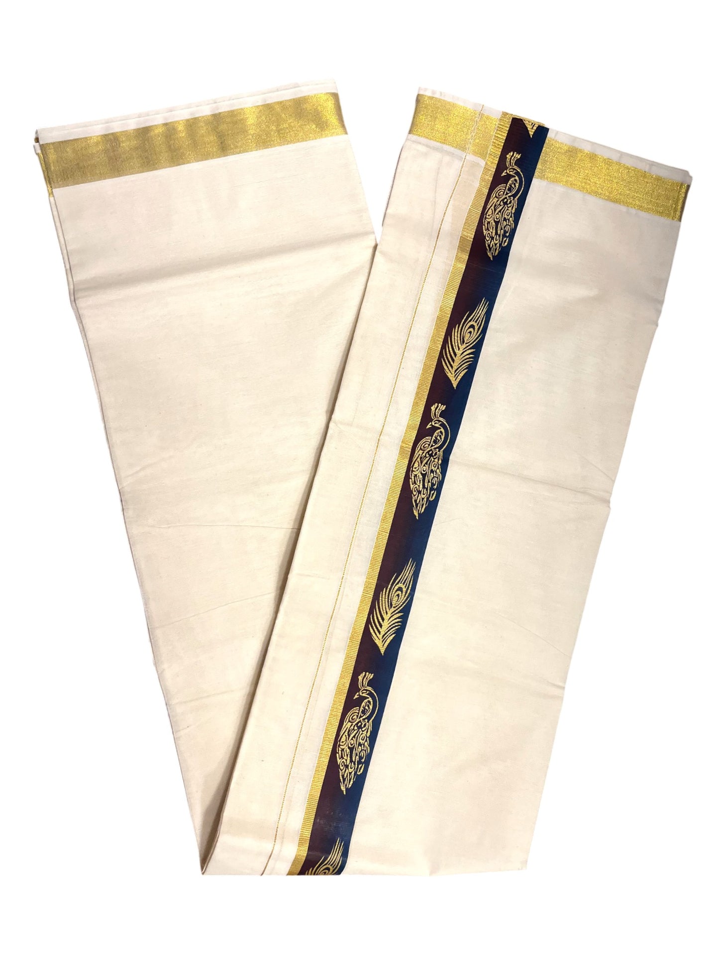 Southloom Pure Cotton Off White Double Mundu with Mural Printed Design Along Kasavu Kara