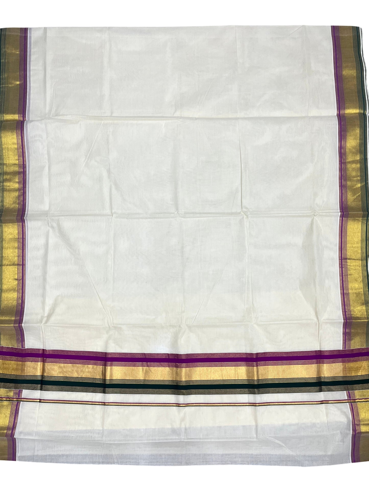 Southloom Kerala Cotton Kasavu Saree with Green And Magenta Border