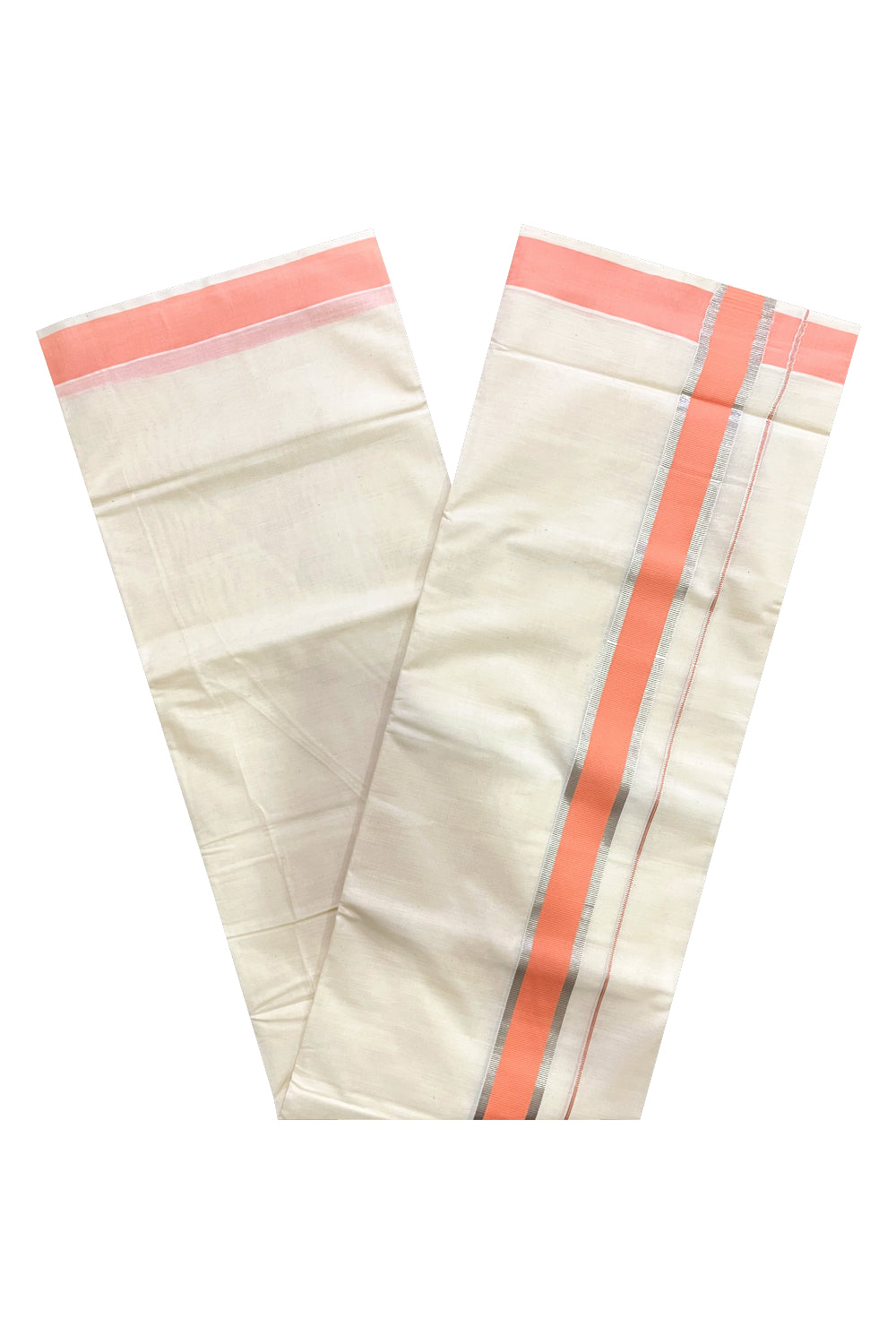 Pure Cotton Double Mundu with Peach and Silver Kasavu Kara (South Indian Kerala Dhoti)