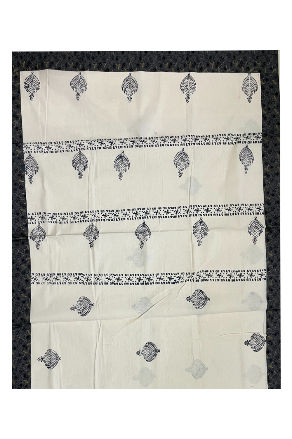 Pure Cotton Kerala Saree with Hand Block Grey Batik Prints on Border