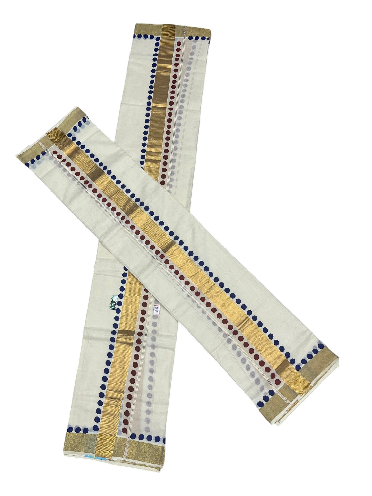 Southloom Kerala Cotton Kasavu Single Set Mundu (Mundum Neriyathum) with Maroon And Blue Polka Dots Border SLKK