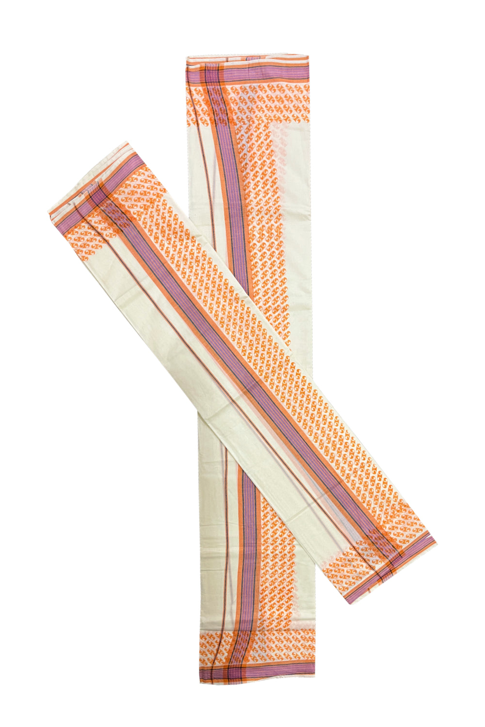 Kerala Cotton Mulloth Mundum Neriyathum Single (Set Mundu) with Orange Block Printed Border (Extra Soft Cotton)