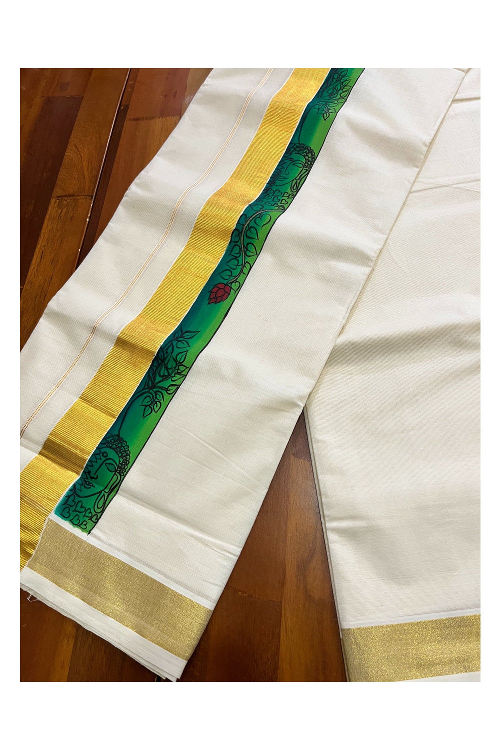 Pure Cotton Kerala Double Mundu with Kasavu Hand Painted Design Border (South Indian Kerala Dhoti)