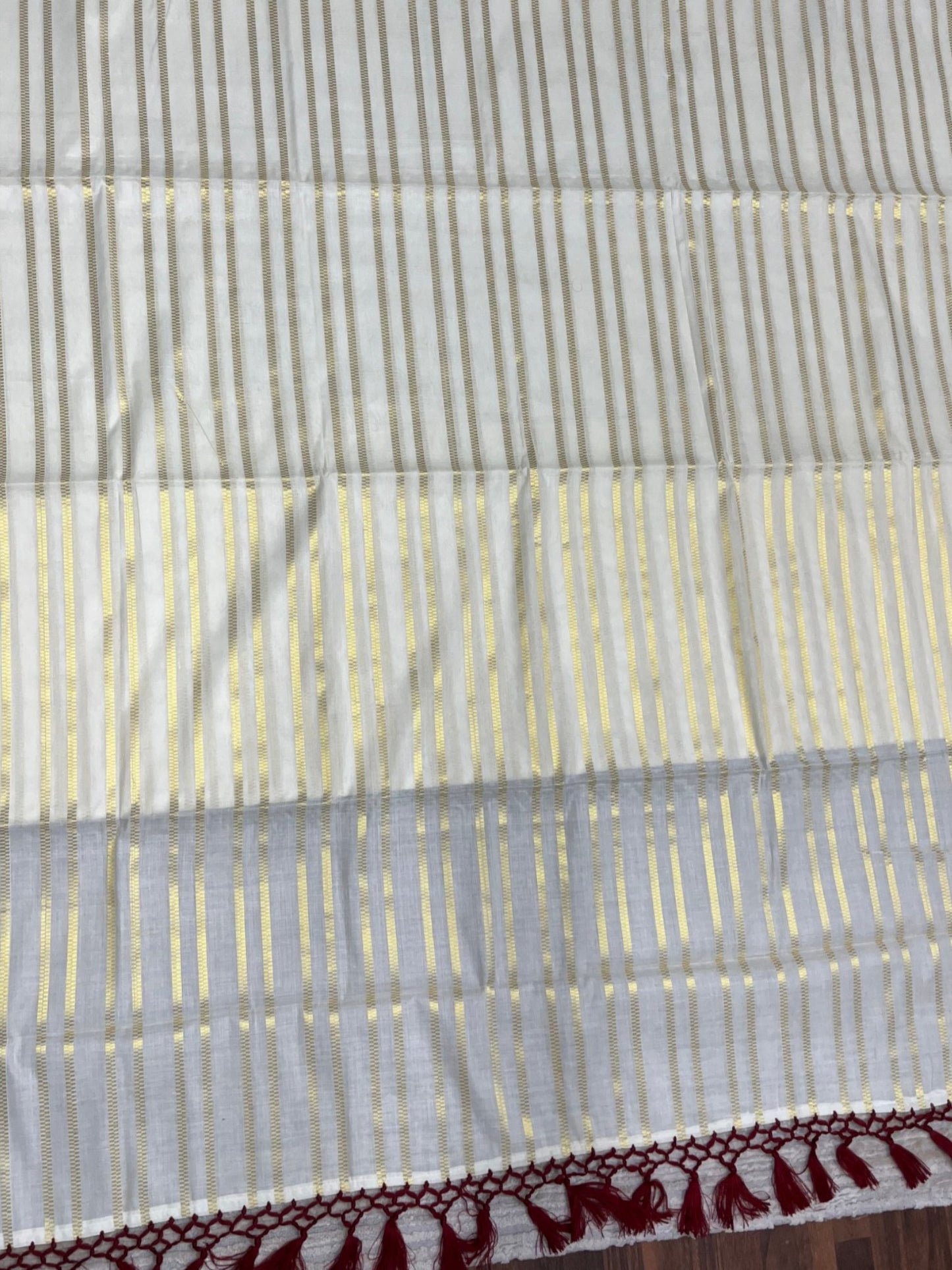 Southloom Cotton Kerala Kasavu Saree with Stripes on Body and Maroon Tussels