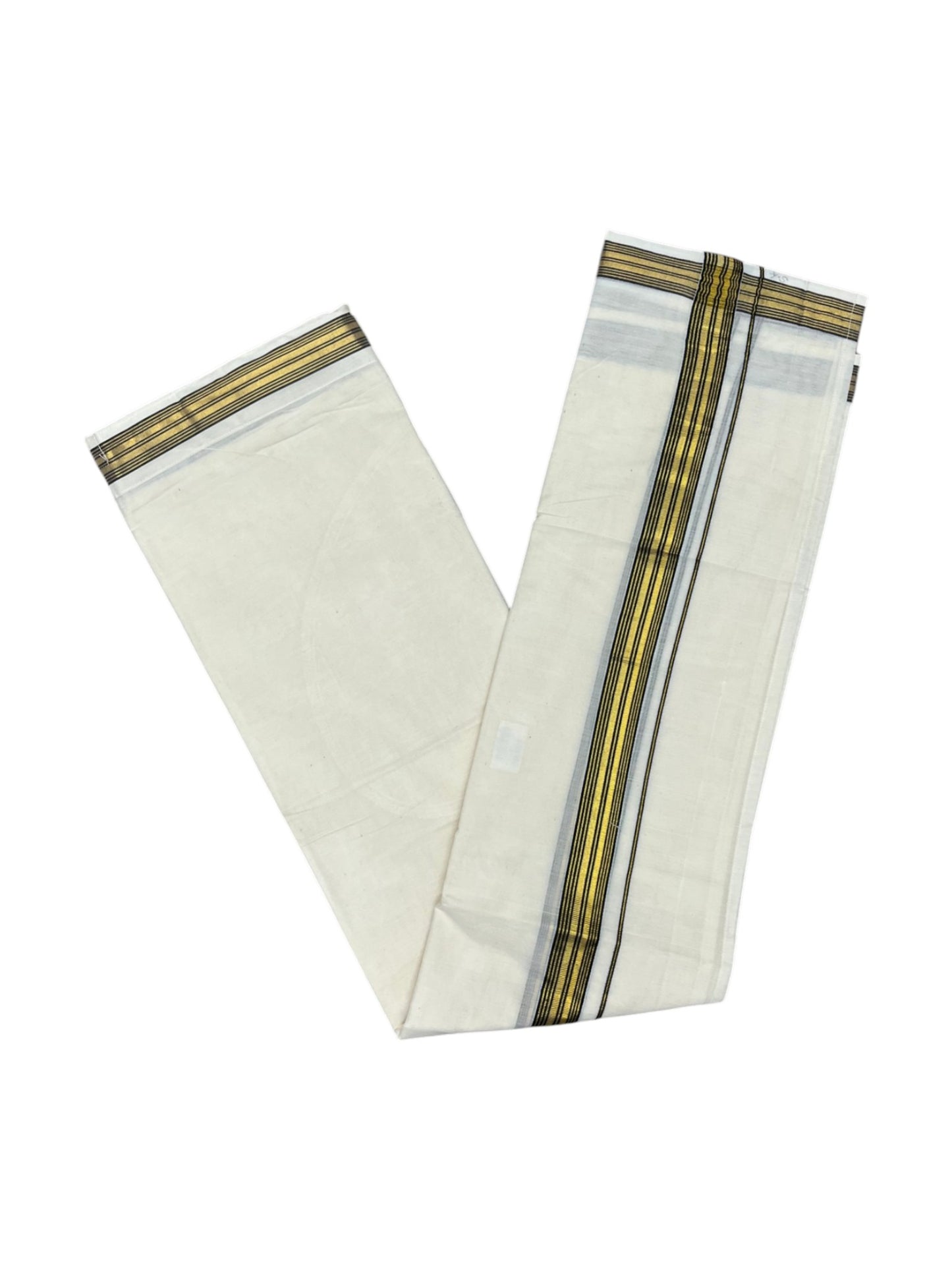 Southloom Kerala Cotton Velcro Double Mundu with Black And Gold Kasavu Border (South Indian Kerala Dhoti)