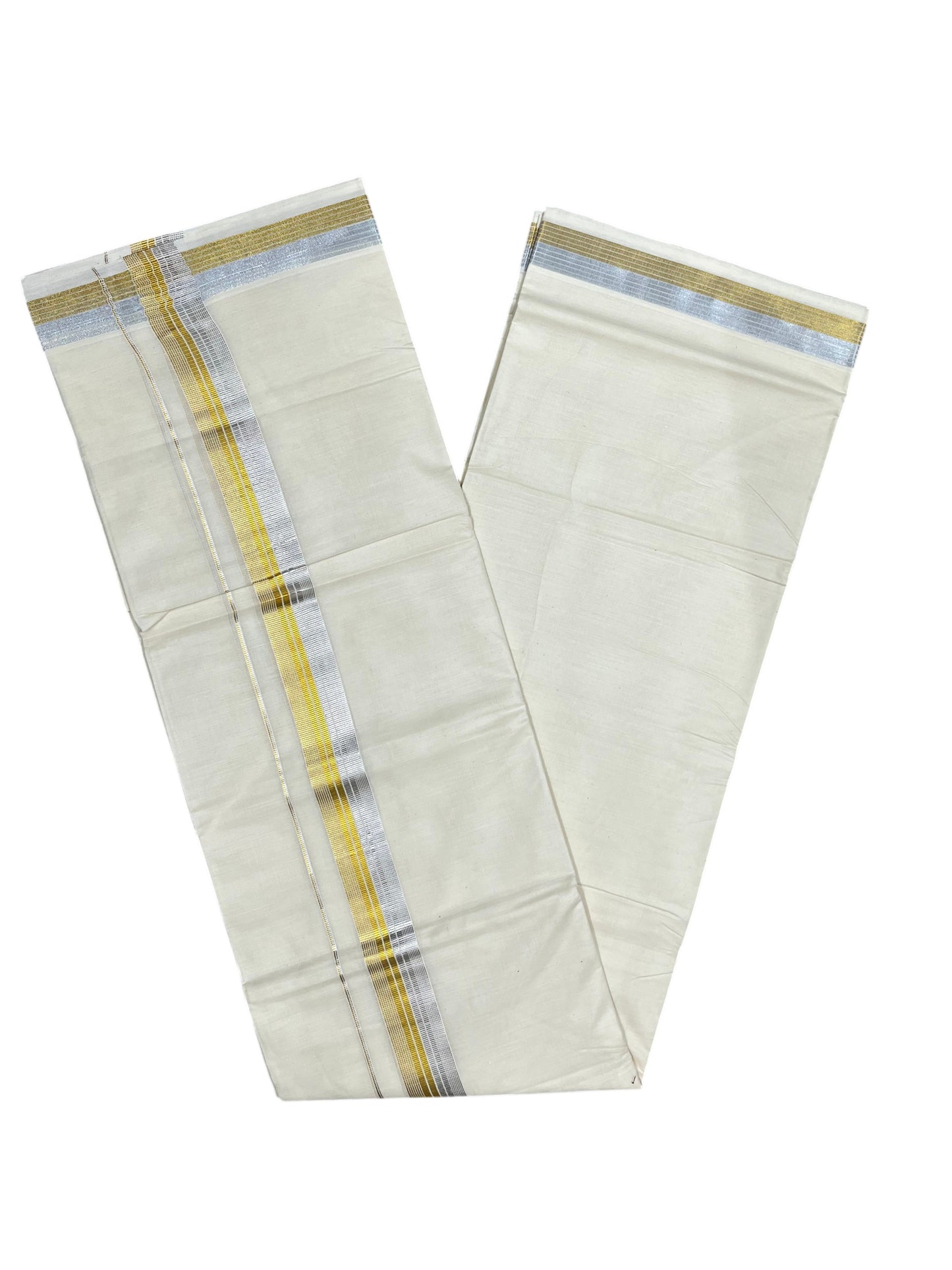 Southloom Kerala Pure Cotton Double Mundu with Gold&Silver Kasavu and Border (South Indian Dhoti)