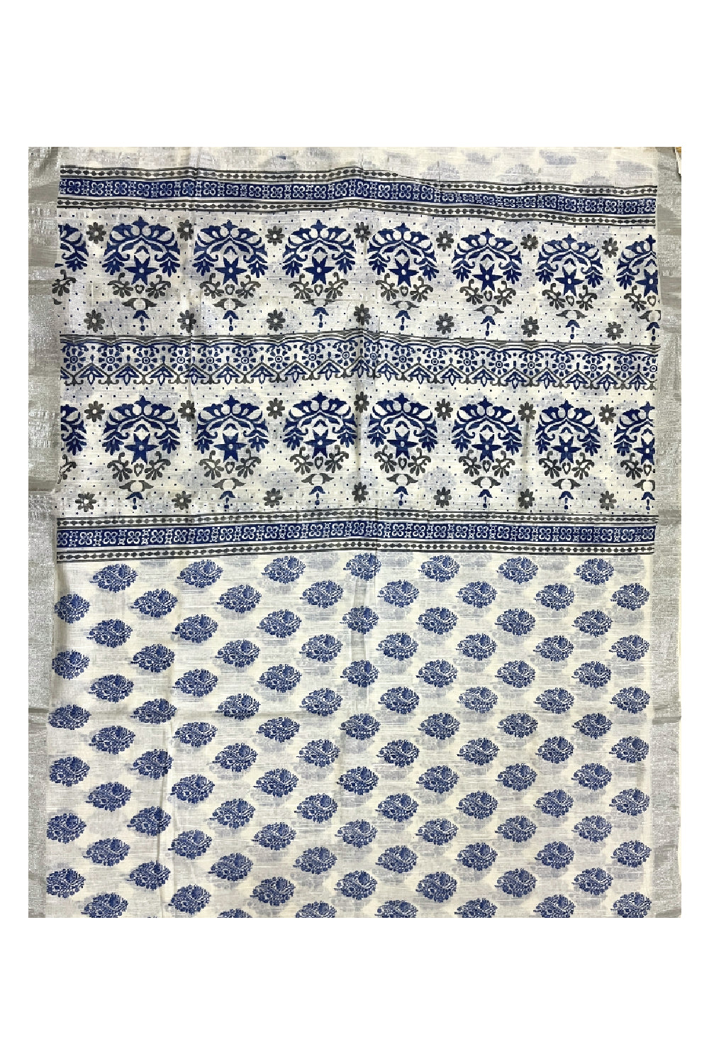 Southloom Linen White Saree with Blue Designer Prints and Tassels works on Pallu