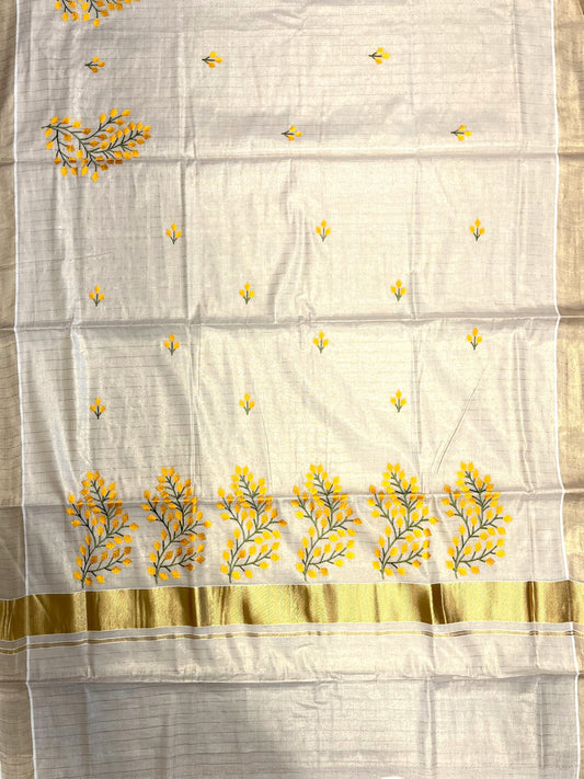 Southloom Tissue Kerala Kasavu Saree with Floral Embroidery Design