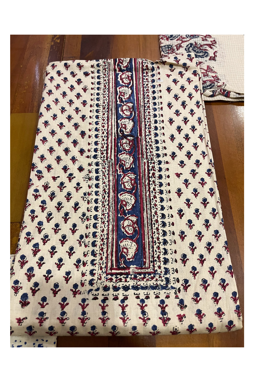 Southloom™ Cotton Light Brown Churidar Salwar Suit Material Blue and Red Block Prints on Body