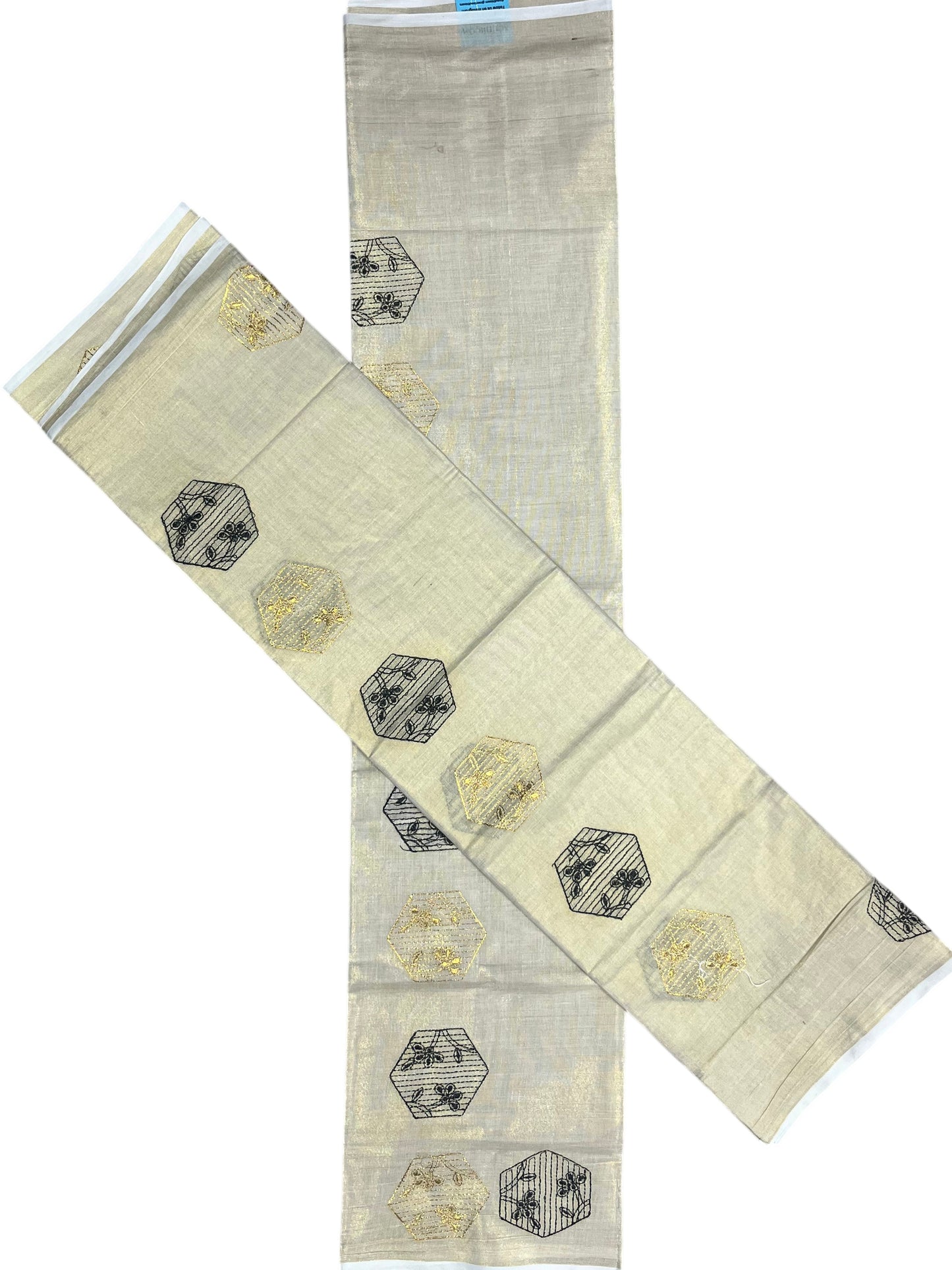 Southloom Kerala Tissue Kasavu Single Set Mundu (Mundum Neriyathum) Black and Golden Embroidery Work