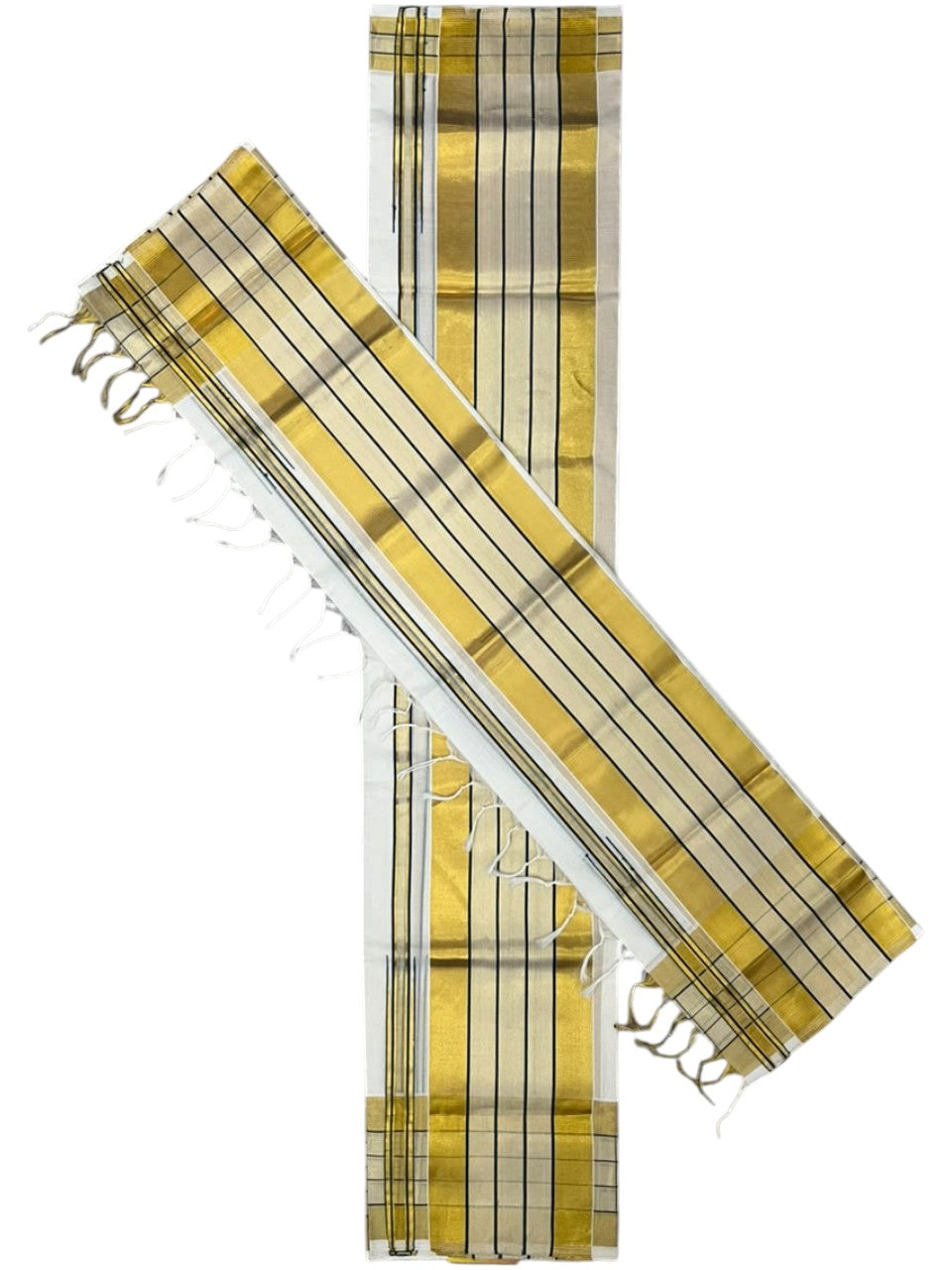 Southloom Premium Handloom Set Mundu with Kasavu With Green and Golden Border (2.80 Mtr)
