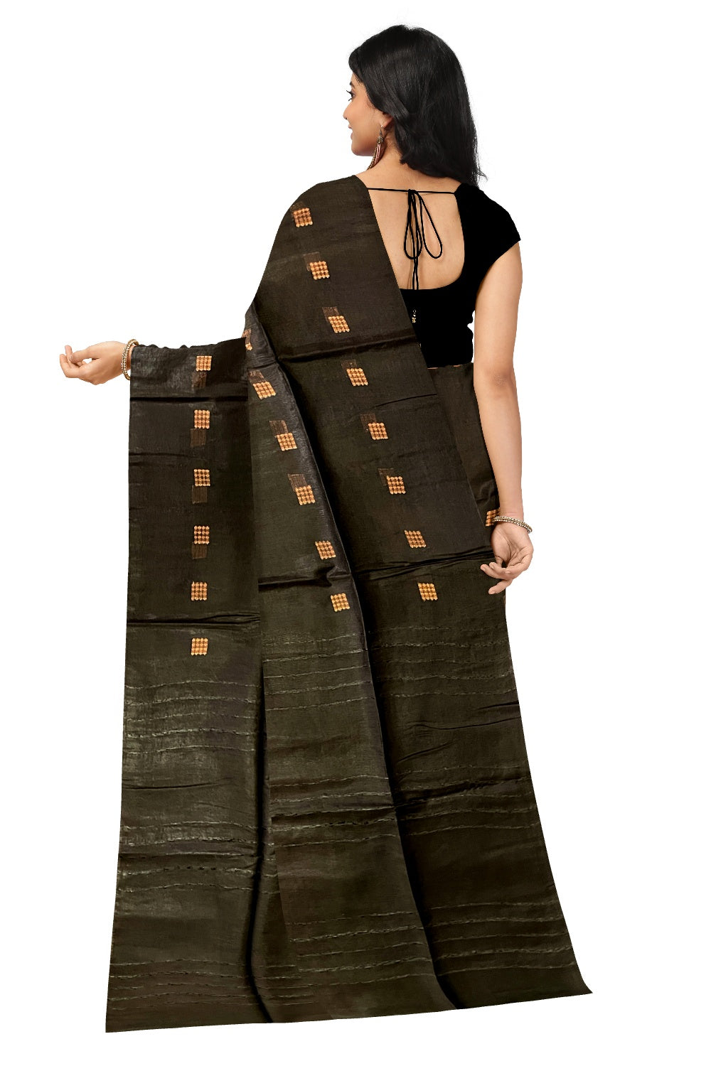 Southloom Cotton Black Saree with Copper Butta Works on Body