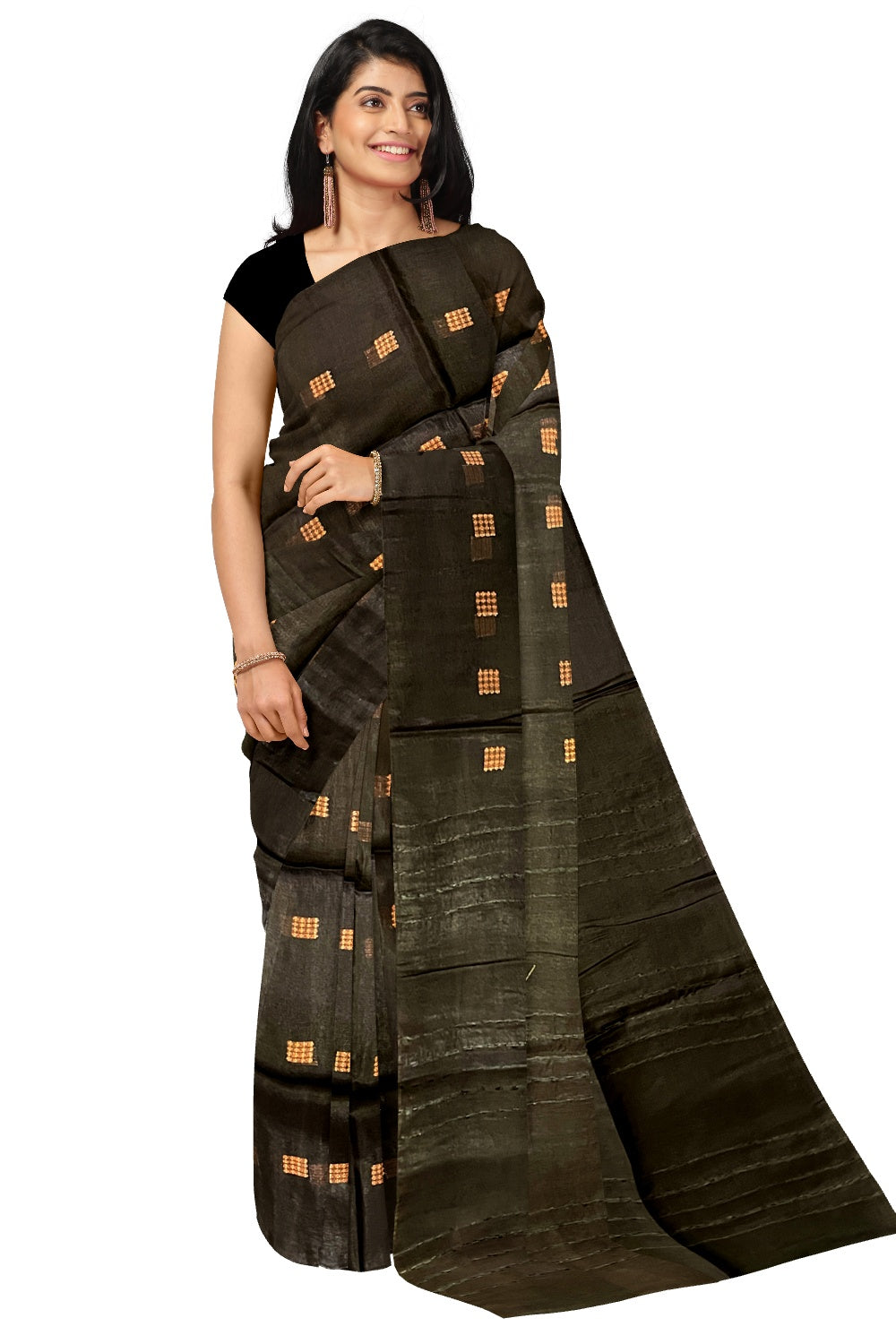 Southloom Cotton Black Saree with Copper Butta Works on Body