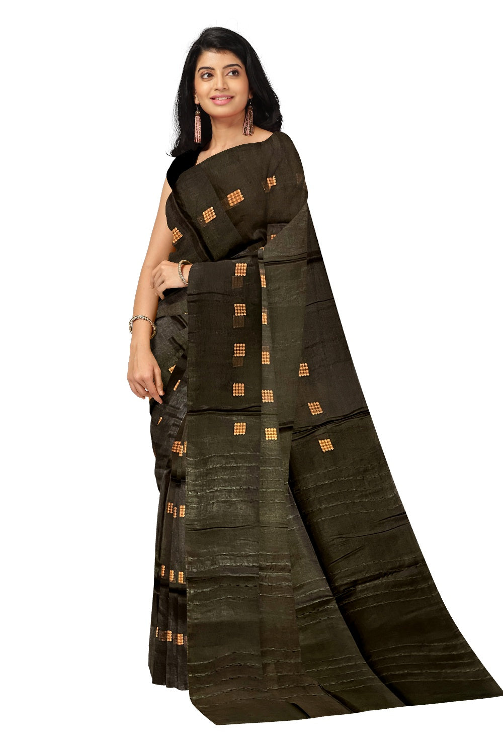 Southloom Cotton Black Saree with Copper Butta Works on Body