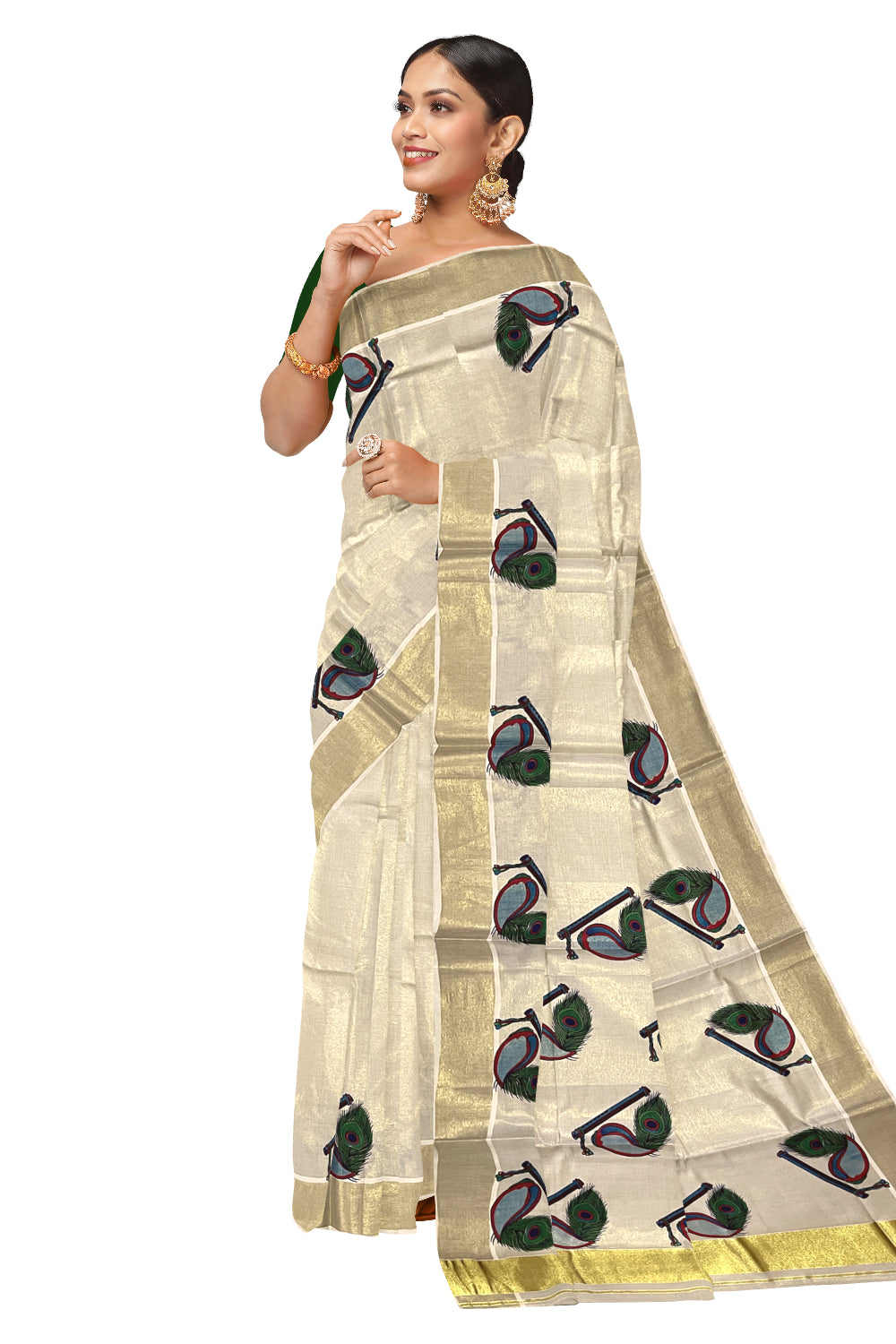 Kerala Tissue Kasavu Mural Printed Saree with Flute and Feather Design