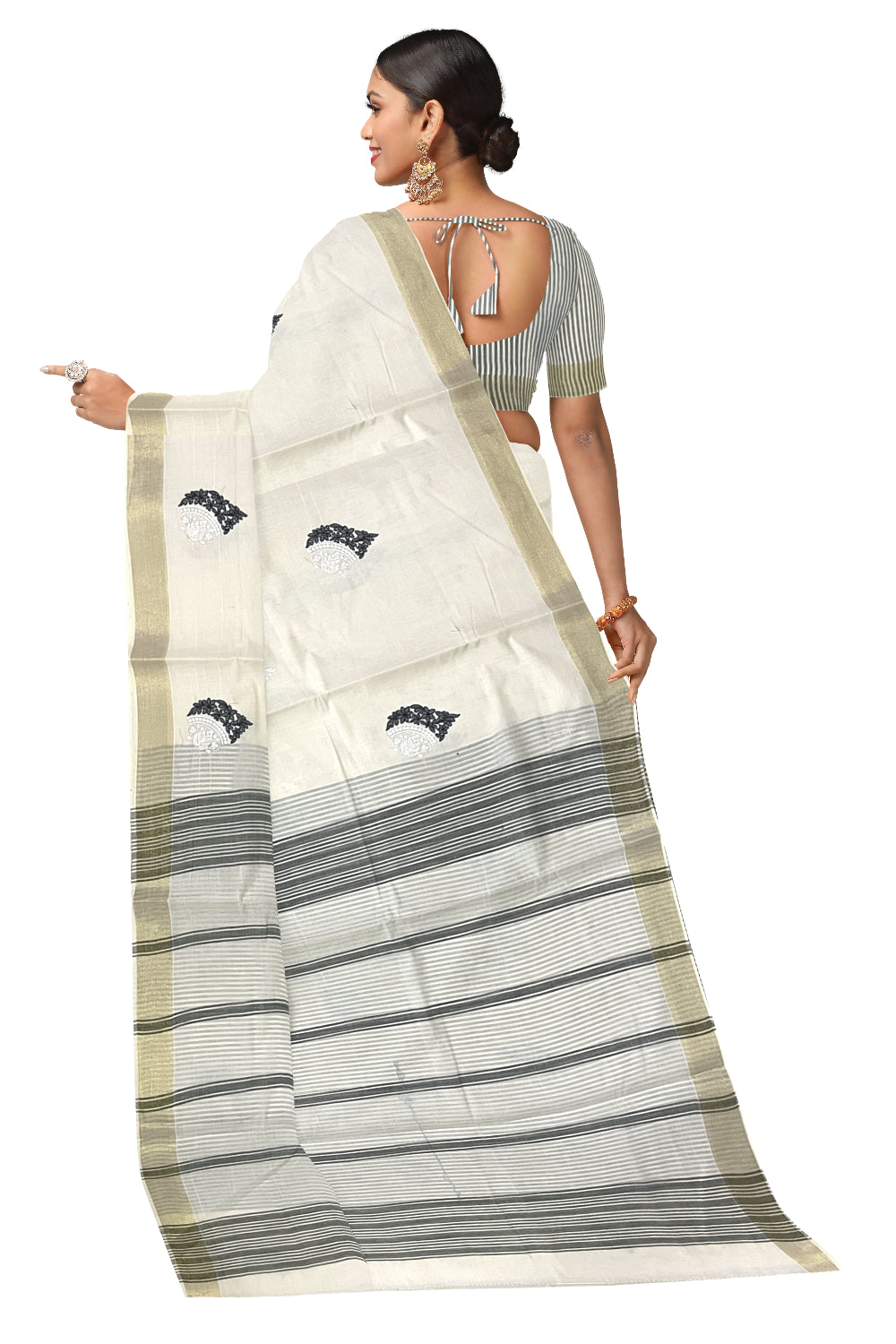 Pure Cotton Kerala Saree with Black Floral Embroidery Work and Kasavu Border