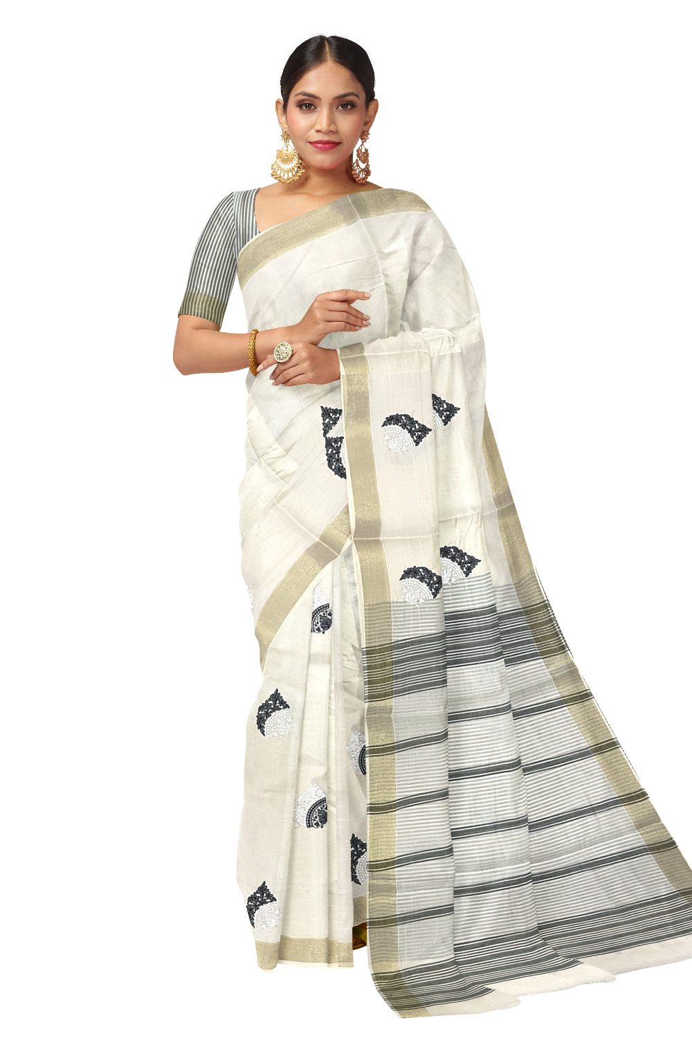 Pure Cotton Kerala Saree with Black Floral Embroidery Work and Kasavu Border